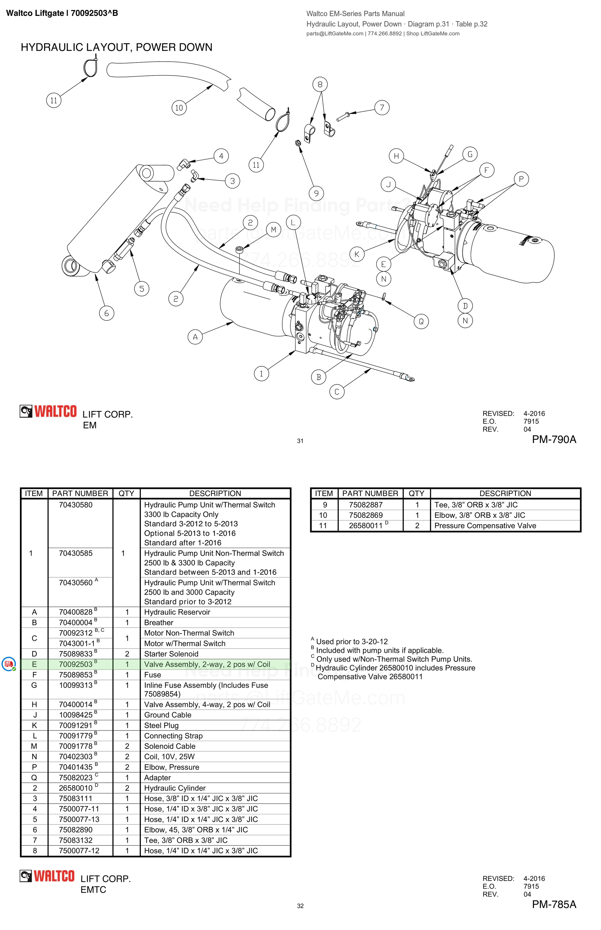 Waltco Liftgate | 70092503 — Hydraulic Layout, Power Down · Diagram p.31 · Table p.32 (Waltco EM-Series Parts Manual)