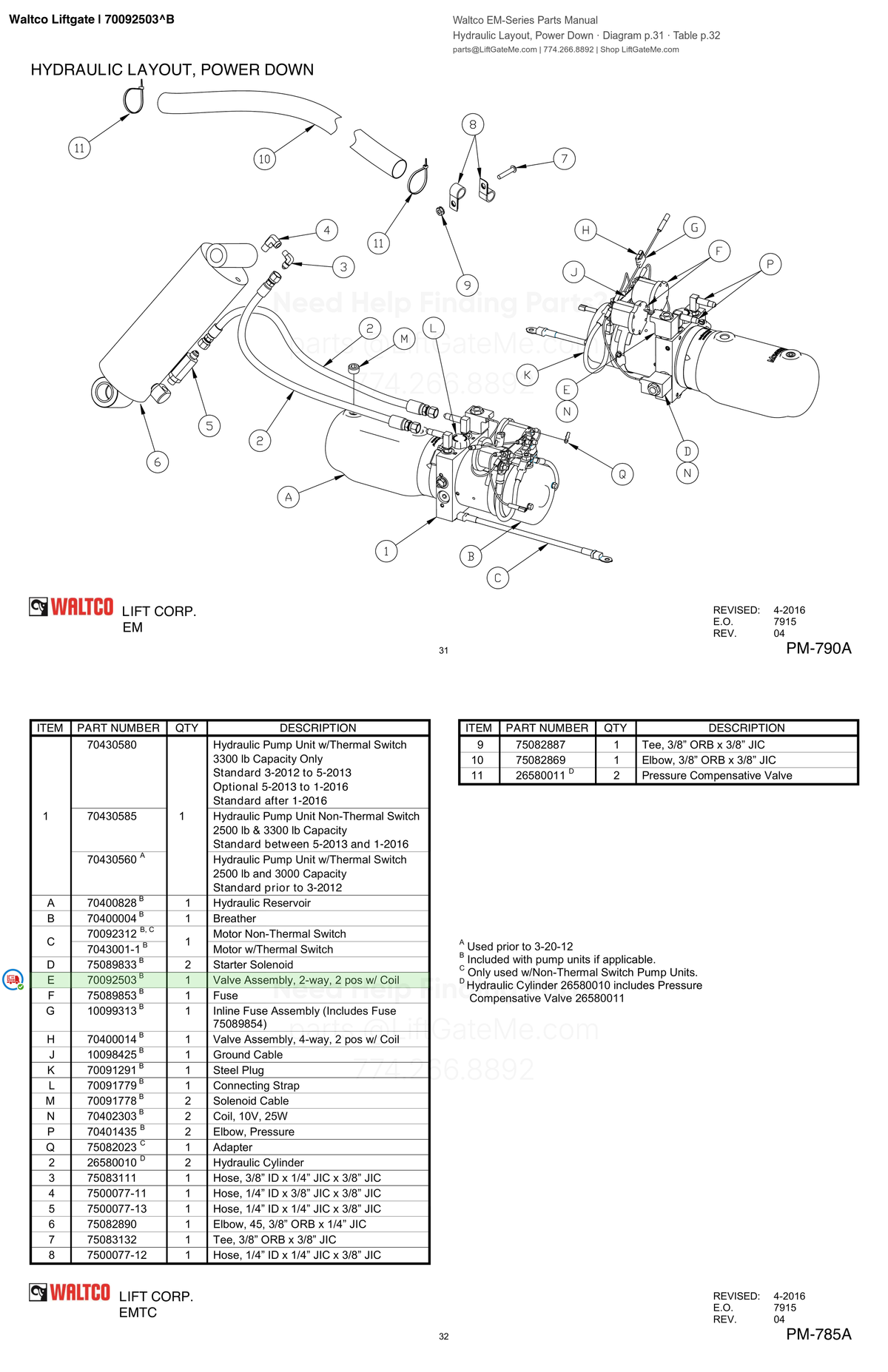 Waltco Liftgate | 70092503 — Hydraulic Layout, Power Down · Diagram p.31 · Table p.32 (Waltco EM-Series Parts Manual)