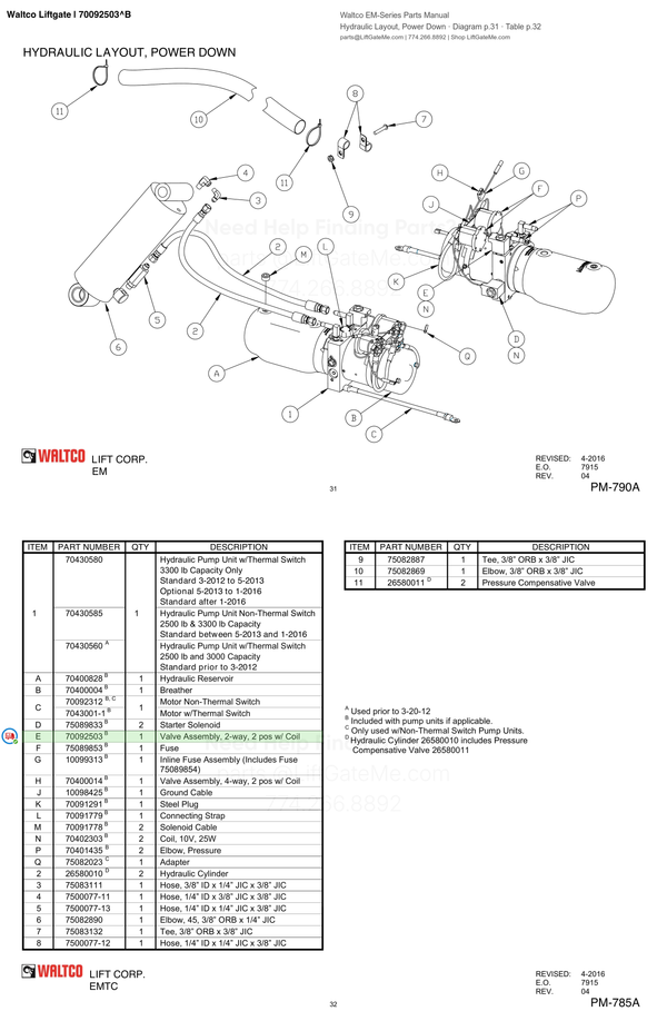 Waltco Liftgate | 70092503 — Hydraulic Layout, Power Down · Diagram p.31 · Table p.32 (Waltco EM-Series Parts Manual)