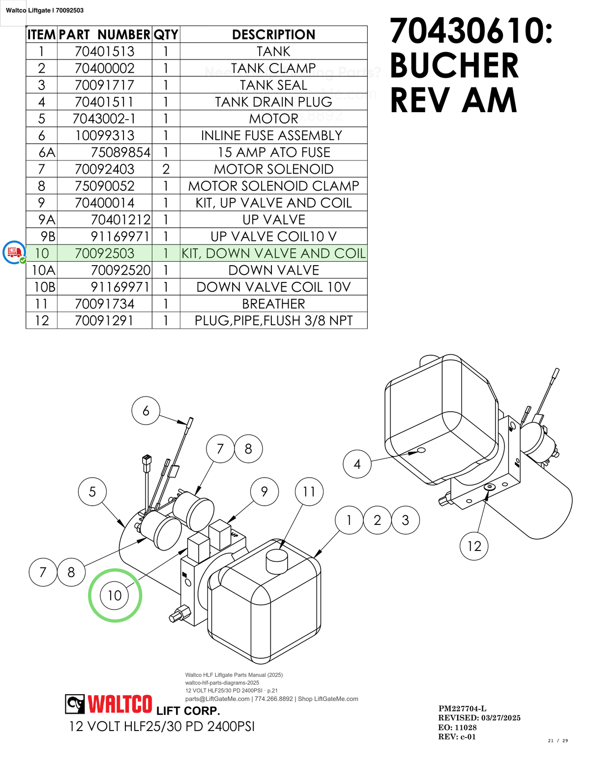 Waltco Liftgate | 70092503 — 12 VOLT HLF25/30 PD 2400PSI · p.21 (Waltco HLF Parts Manual)