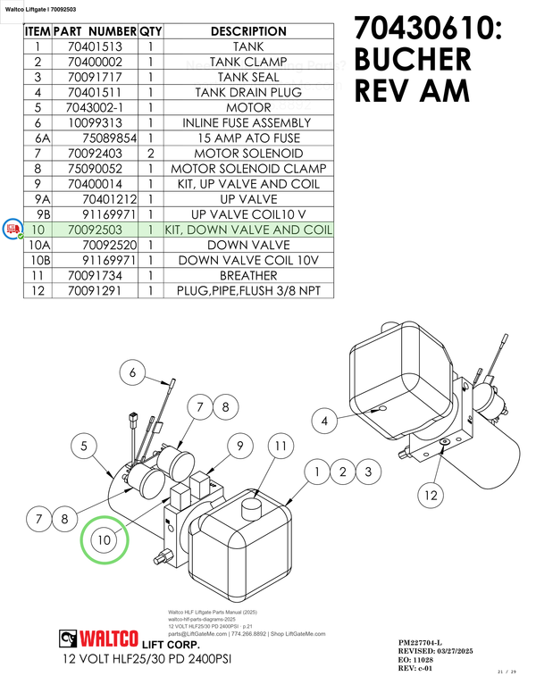 Waltco Liftgate | 70092503 — 12 VOLT HLF25/30 PD 2400PSI · p.21 (Waltco HLF Parts Manual)