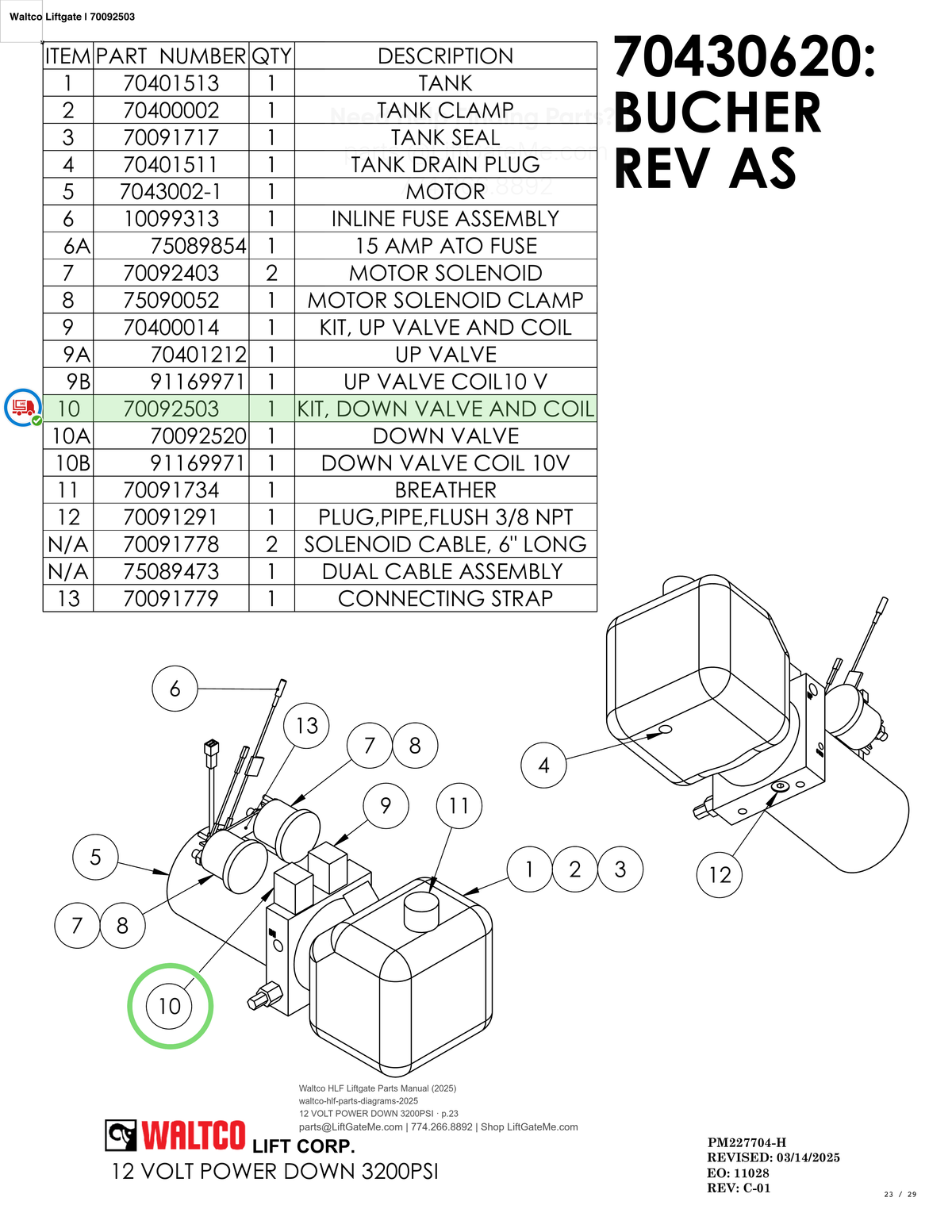 Waltco Liftgate | 70092503 — 12 VOLT POWER DOWN 3200PSI · p.23 (Waltco HLF Parts Manual)