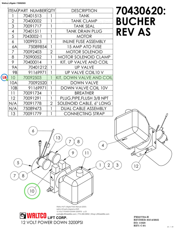 Waltco Liftgate | 70092503 — 12 VOLT POWER DOWN 3200PSI · p.23 (Waltco HLF Parts Manual)
