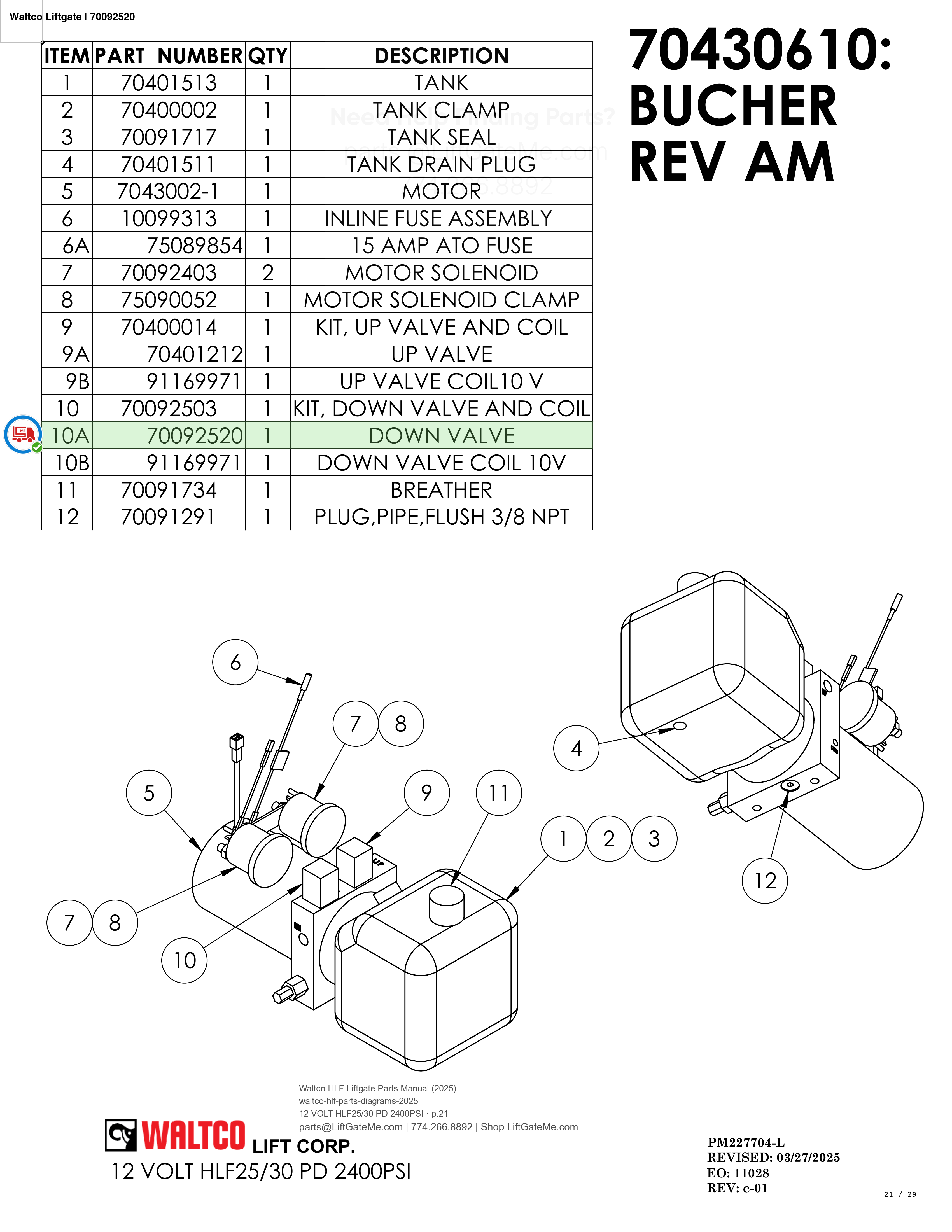 Waltco Liftgate | 70092520 — 12 VOLT HLF25/30 PD 2400PSI · p.21 (Waltco HLF Parts Manual)