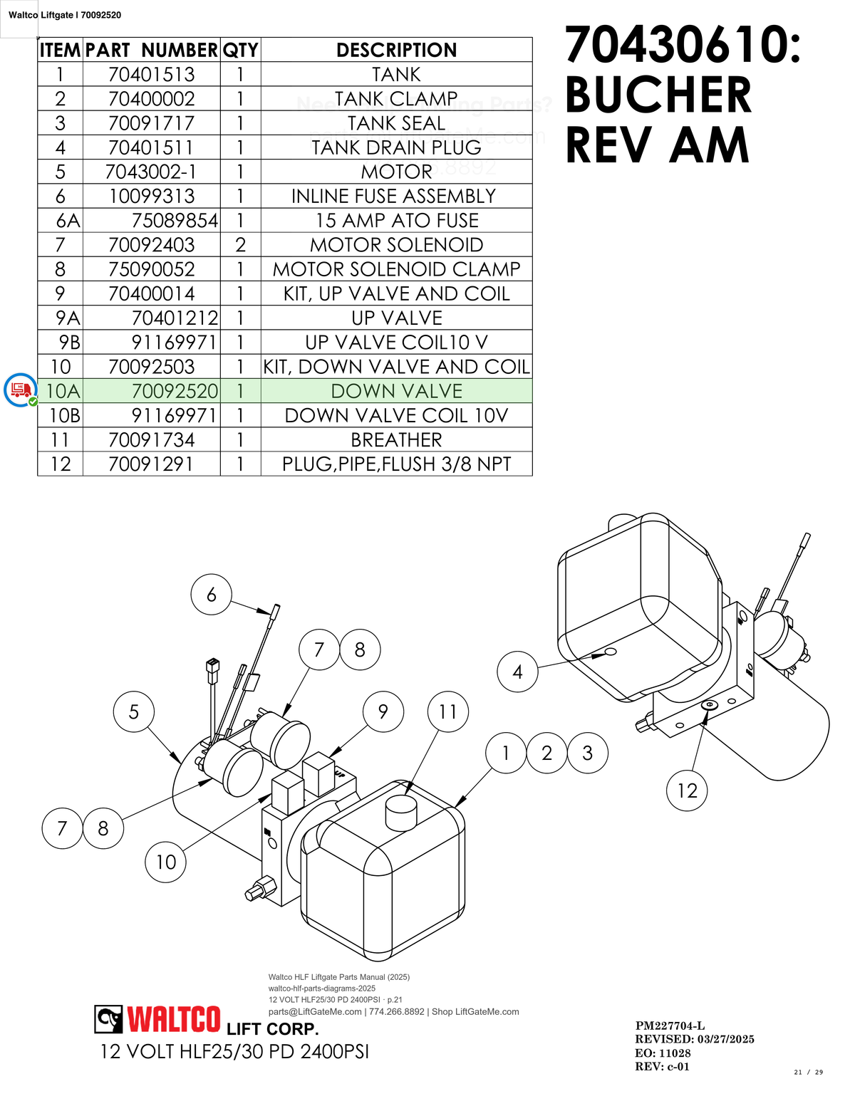 Waltco Liftgate | 70092520 — 12 VOLT HLF25/30 PD 2400PSI · p.21 (Waltco HLF Parts Manual)