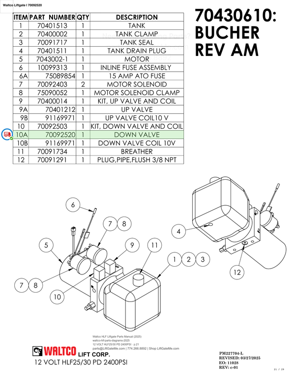 Waltco Liftgate | 70092520 — 12 VOLT HLF25/30 PD 2400PSI · p.21 (Waltco HLF Parts Manual)
