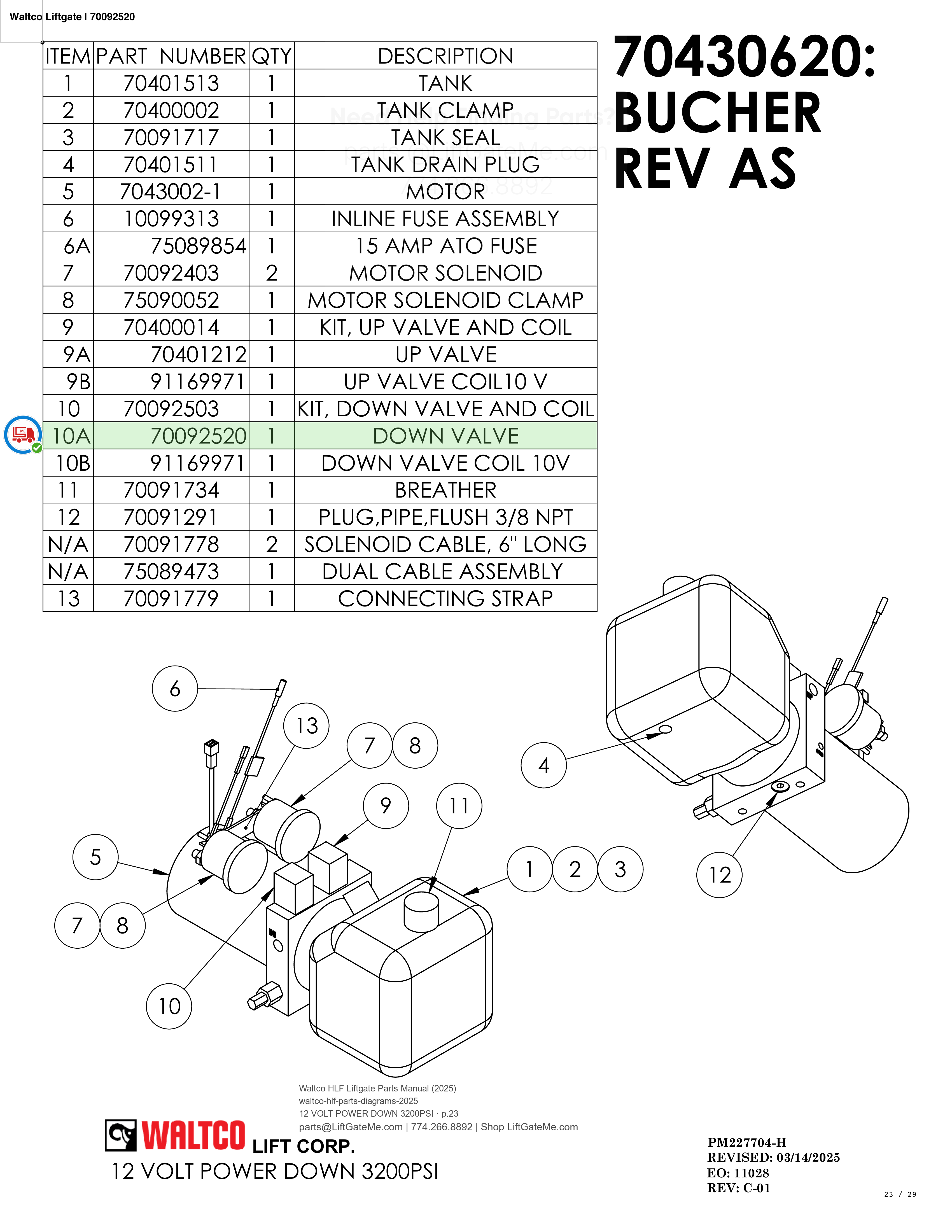 Waltco Liftgate | 70092520 — 12 VOLT POWER DOWN 3200PSI · p.23 (Waltco HLF Parts Manual)
