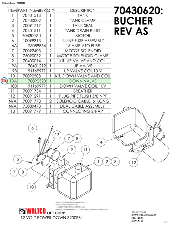 Waltco Liftgate | 70092520 — 12 VOLT POWER DOWN 3200PSI · p.23 (Waltco HLF Parts Manual)