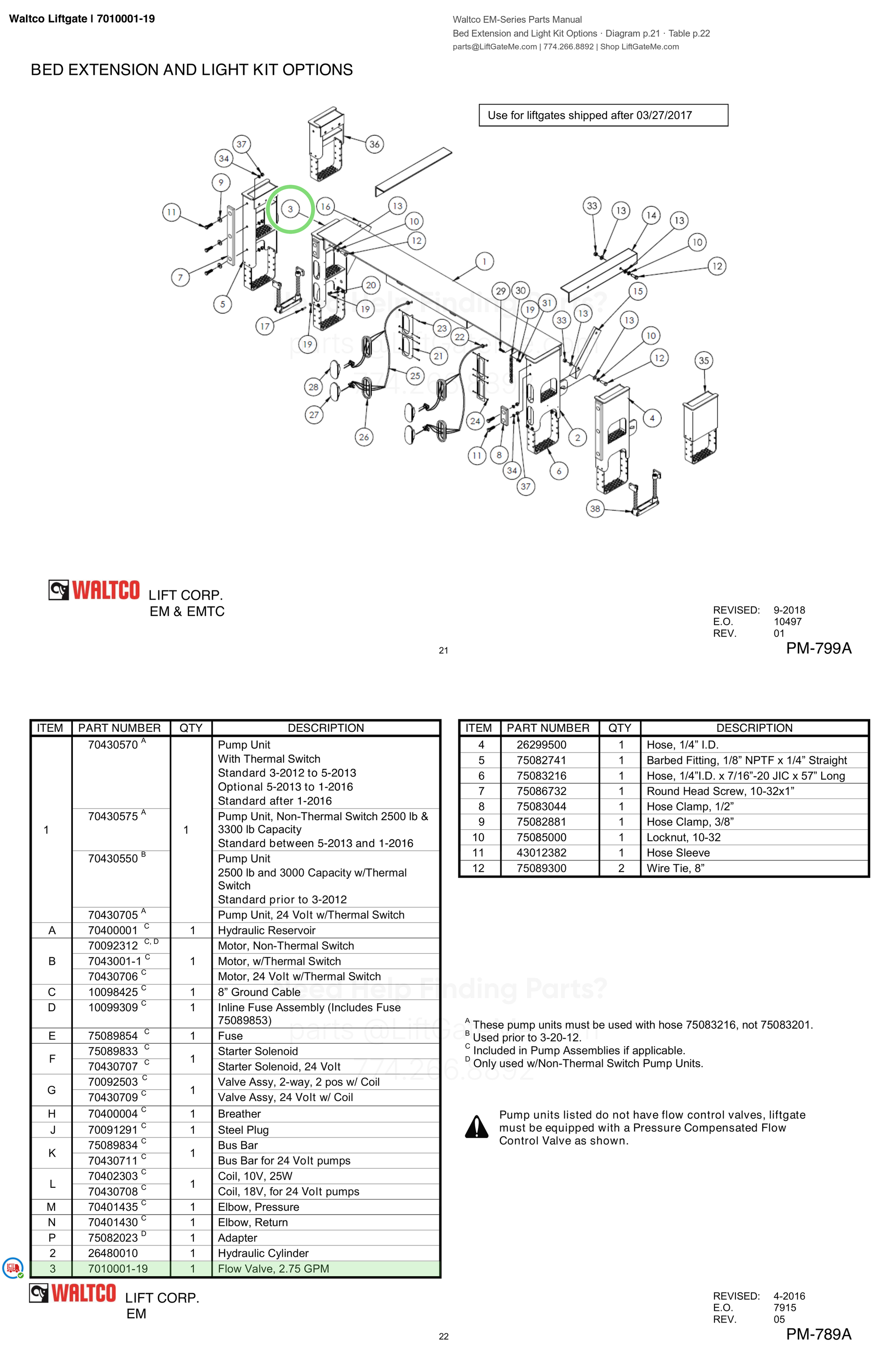 Waltco Liftgate | 7010001-19 — Bed Extension and Light Kit Options · Diagram p.21 · Table p.22 (Waltco EM-Series Parts Manual)