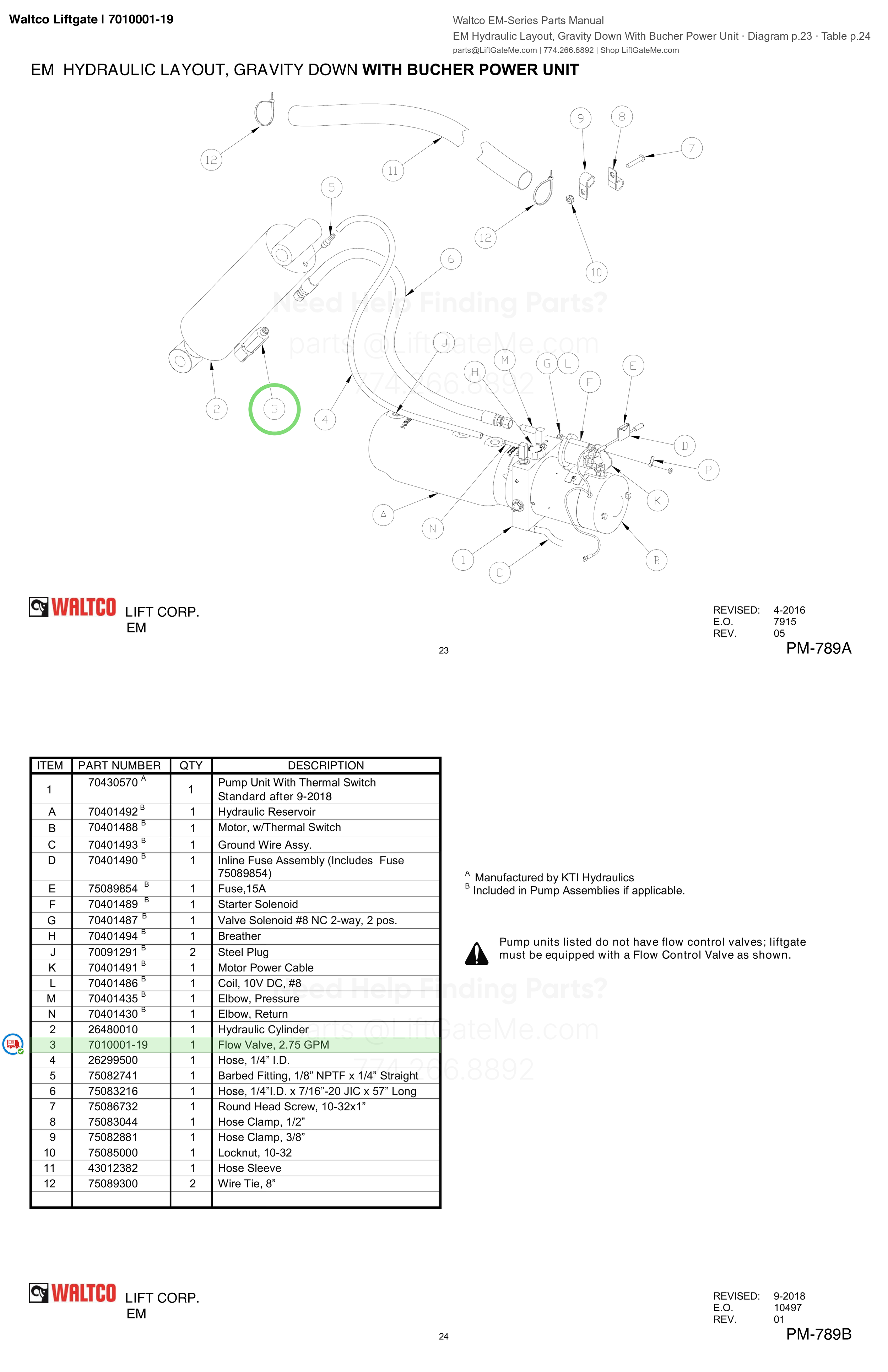 Waltco Liftgate | 7010001-19 — EM Hydraulic Layout, Gravity Down With Bucher Power Unit · Diagram p.23 · Table p.24 (Waltco EM-Series Parts Manual)
