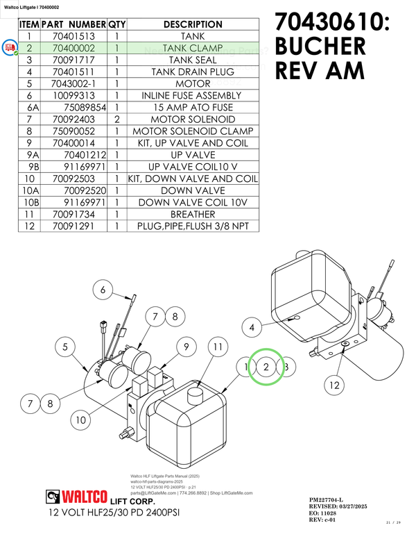 Waltco Liftgate | 70400002 — 12 VOLT HLF25/30 PD 2400PSI · p.21 (Waltco HLF Parts Manual)