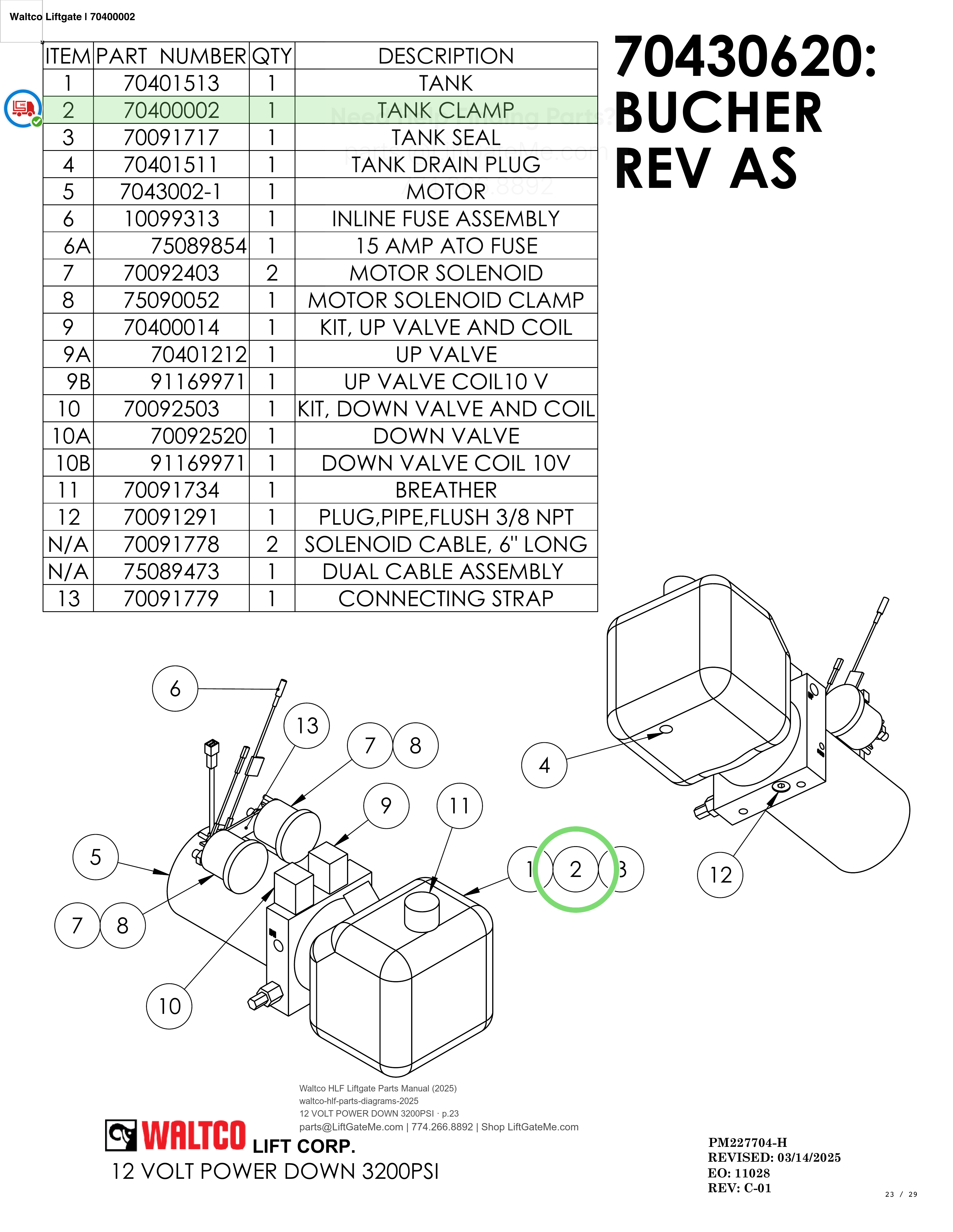 Waltco Liftgate | 70400002 — 12 VOLT POWER DOWN 3200PSI · p.23 (Waltco HLF Parts Manual)