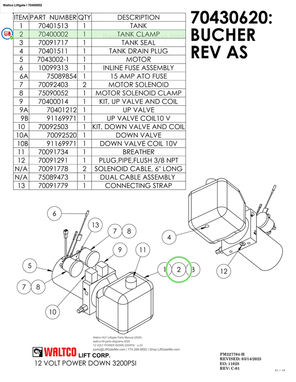 Waltco Liftgate | 70400002 — 12 VOLT POWER DOWN 3200PSI · p.23 (Waltco HLF Parts Manual)
