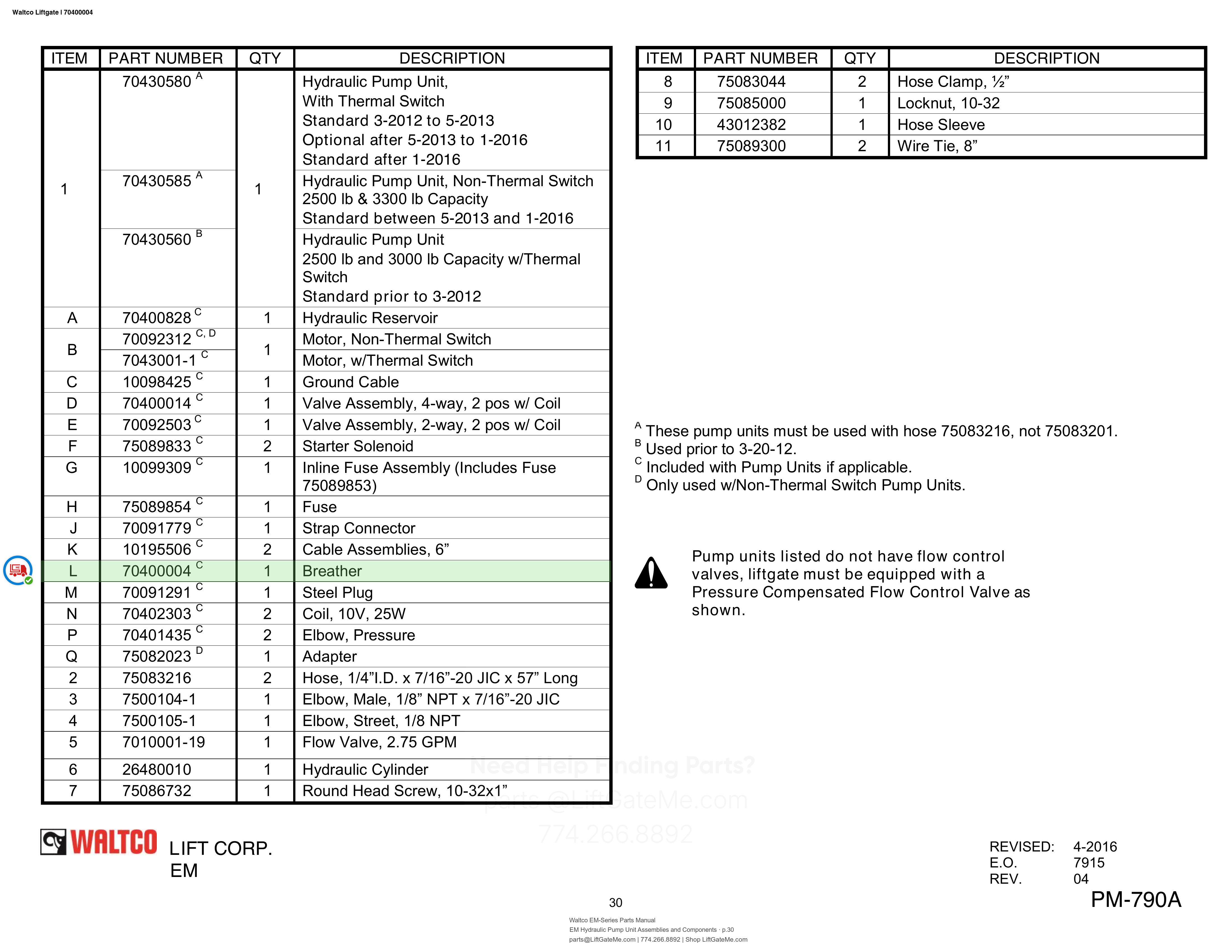 Waltco Liftgate | 70400004 — EM Hydraulic Pump Unit Assemblies and Components · p.30 (Waltco EM-Series Parts Manual)