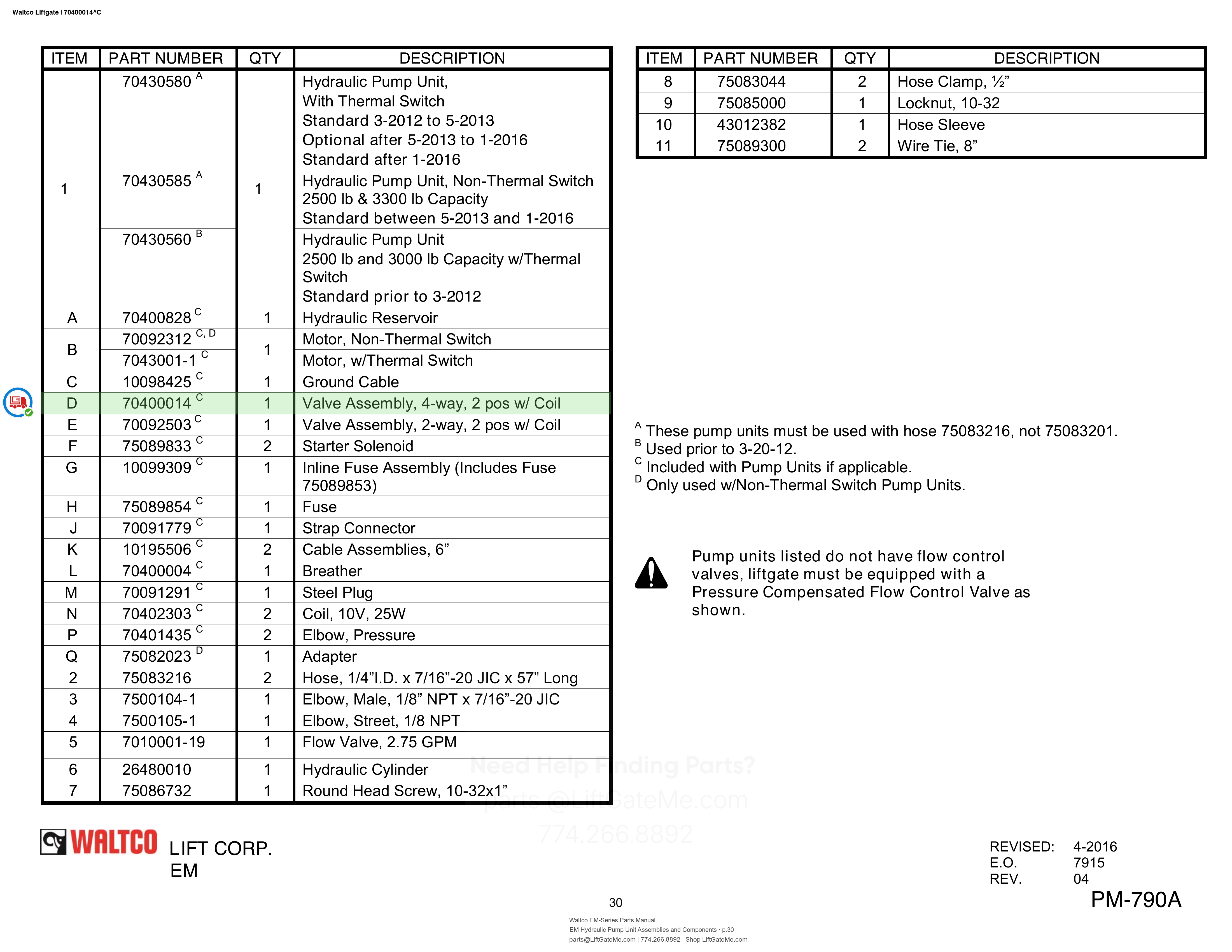 Waltco Liftgate | 70400014 — EM Hydraulic Pump Unit Assemblies and Components · p.30 (Waltco EM-Series Parts Manual)