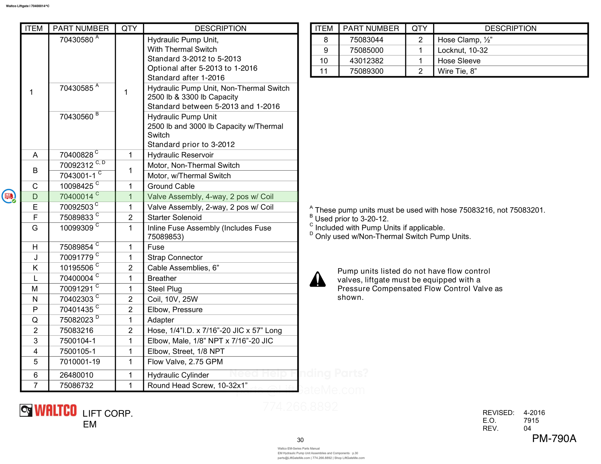 Waltco Liftgate | 70400014 — EM Hydraulic Pump Unit Assemblies and Components · p.30 (Waltco EM-Series Parts Manual)