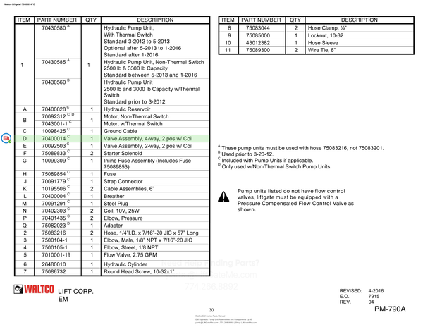 Waltco Liftgate | 70400014 — EM Hydraulic Pump Unit Assemblies and Components · p.30 (Waltco EM-Series Parts Manual)