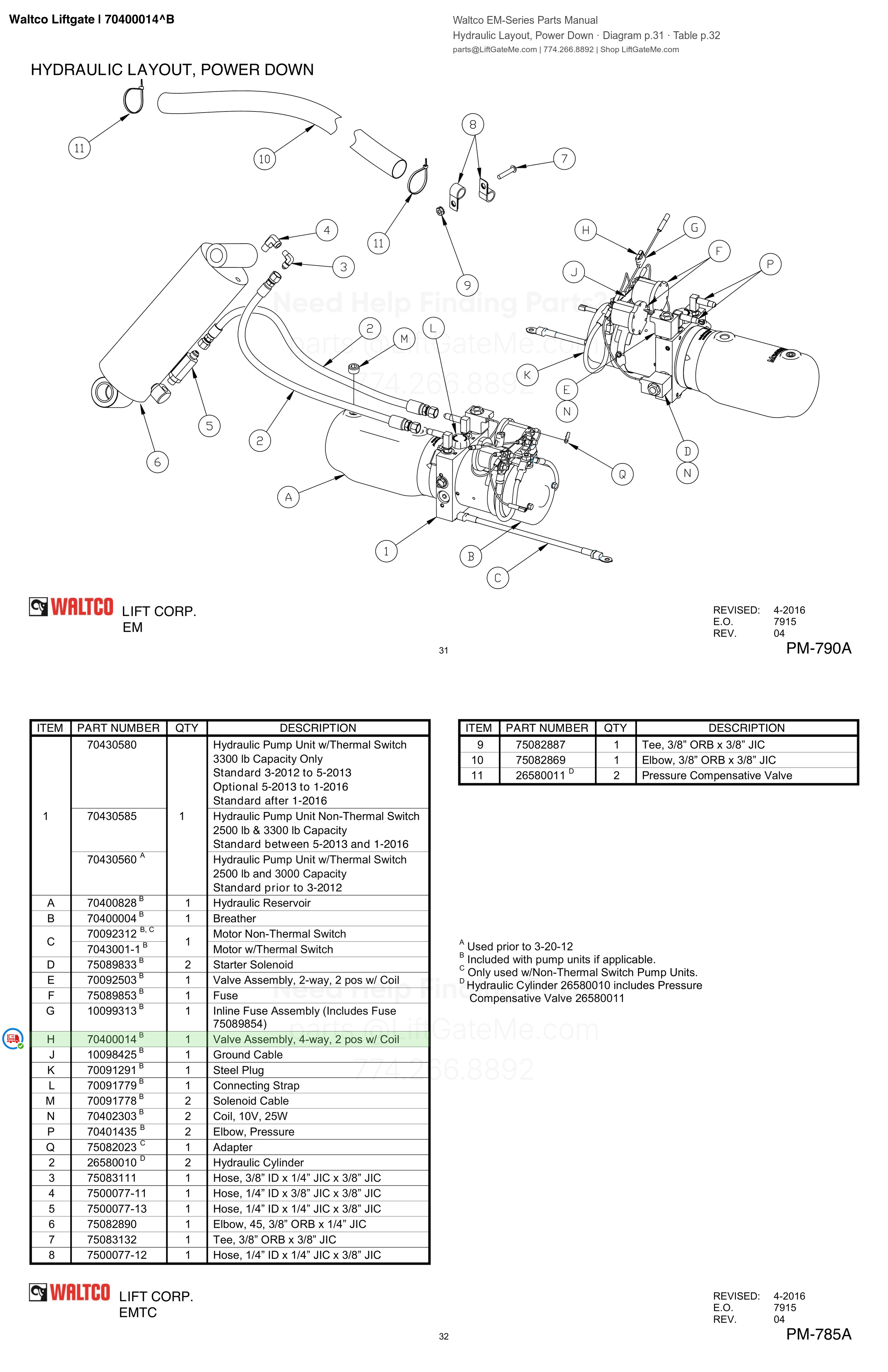 Waltco Liftgate | 70400014 — Hydraulic Layout, Power Down · Diagram p.31 · Table p.32 (Waltco EM-Series Parts Manual)