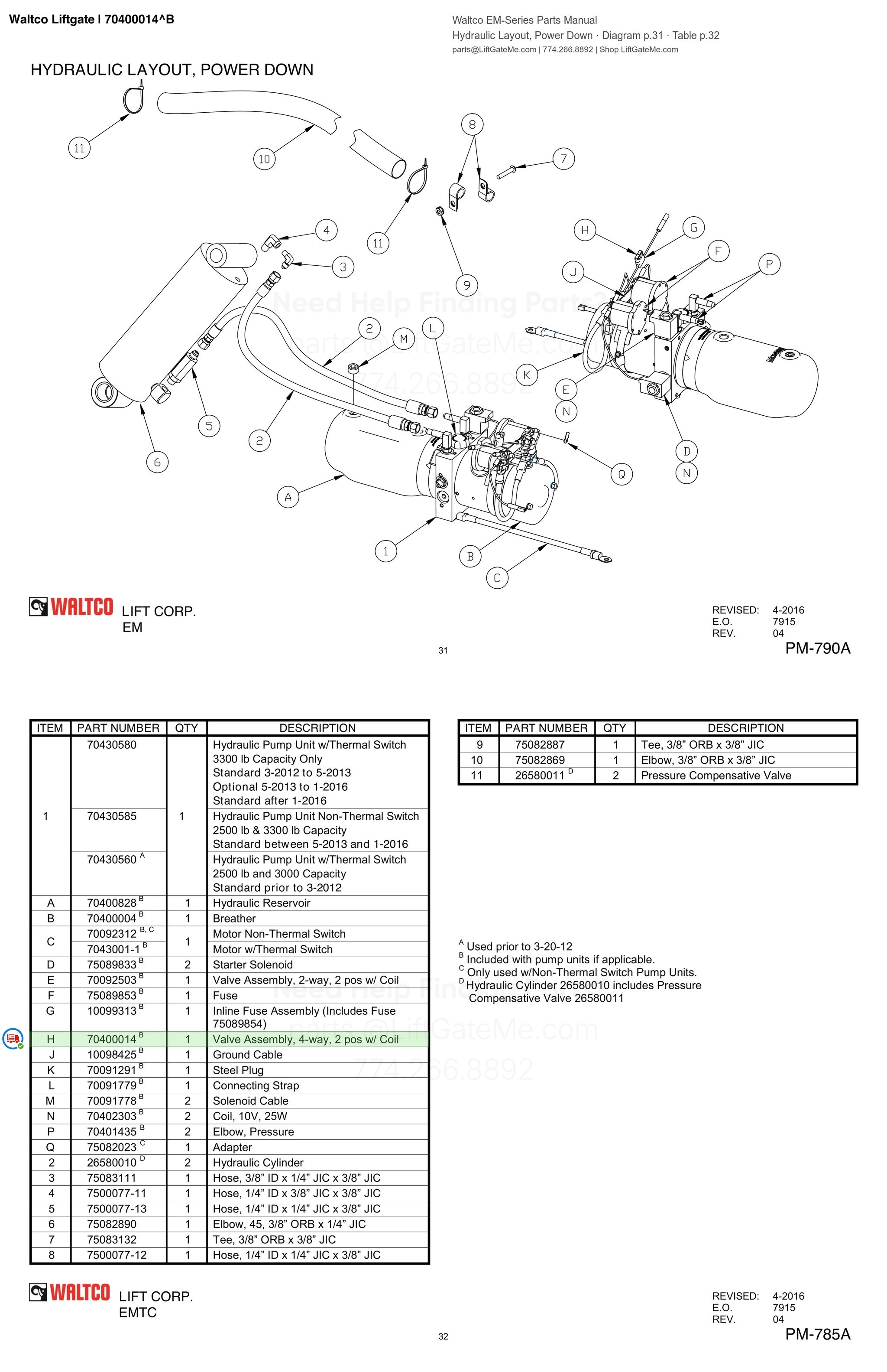 Waltco Liftgate | 70400014 — Hydraulic Layout, Power Down · Diagram p.31 · Table p.32 (Waltco EM-Series Parts Manual)