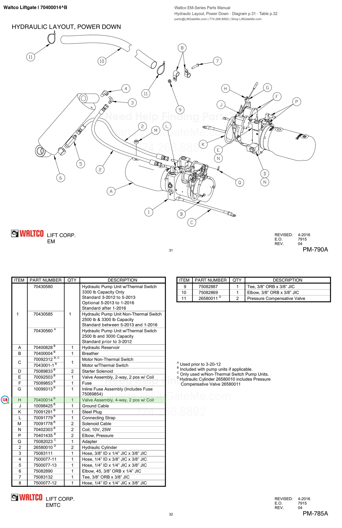 Waltco Liftgate | 70400014 — Hydraulic Layout, Power Down · Diagram p.31 · Table p.32 (Waltco EM-Series Parts Manual)