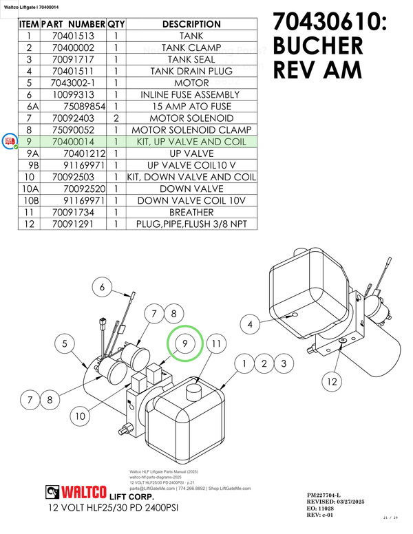 Waltco Liftgate | 70400014 — 12 VOLT HLF25/30 PD 2400PSI · p.21 (Waltco HLF Parts Manual)
