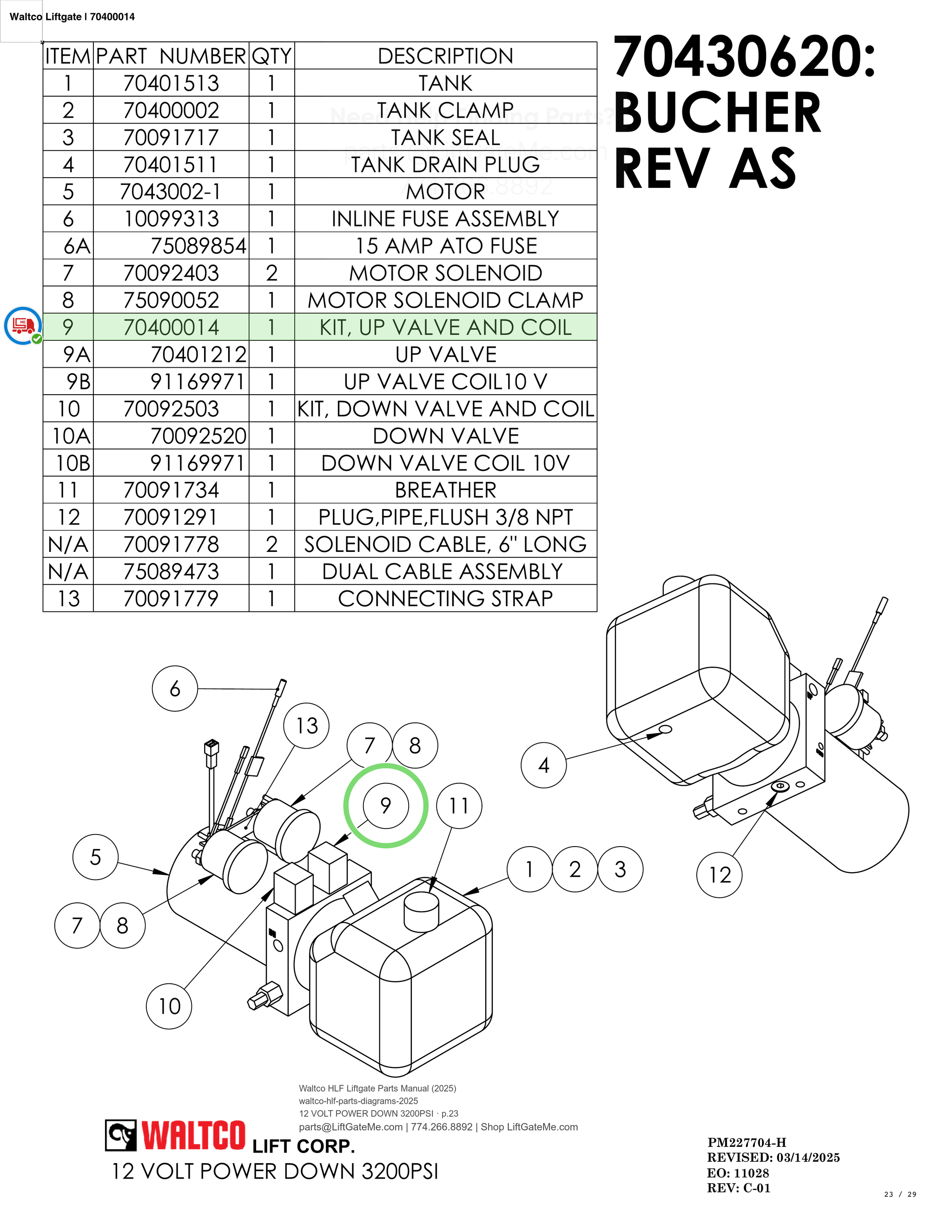 Waltco Liftgate | 70400014 — 12 VOLT POWER DOWN 3200PSI · p.23 (Waltco HLF Parts Manual)