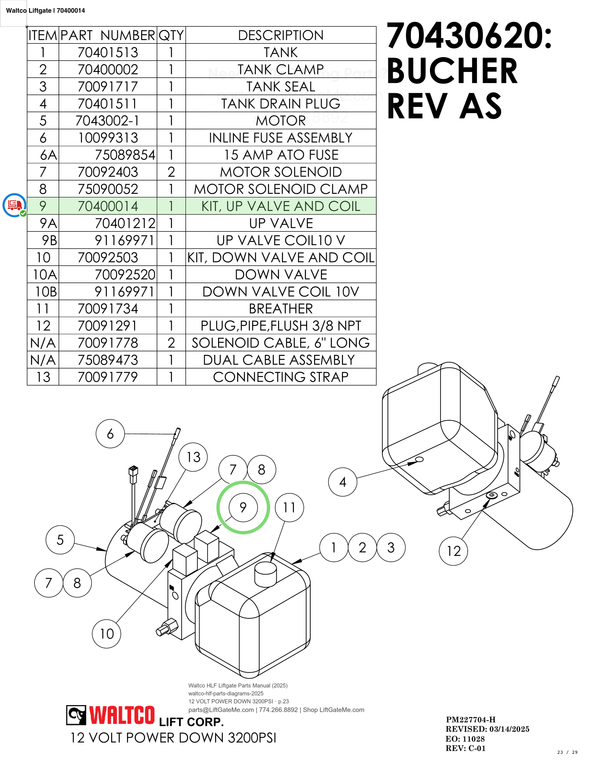 Waltco Liftgate | 70400014 — 12 VOLT POWER DOWN 3200PSI · p.23 (Waltco HLF Parts Manual)
