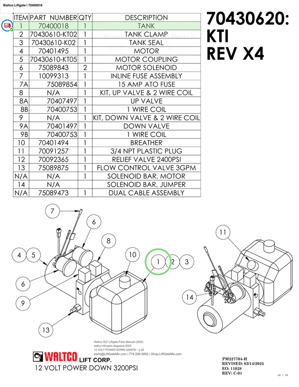 Waltco Liftgate | 70400018 — 12 VOLT POWER DOWN 3200PSI · p.24 (Waltco HLF Parts Manual)