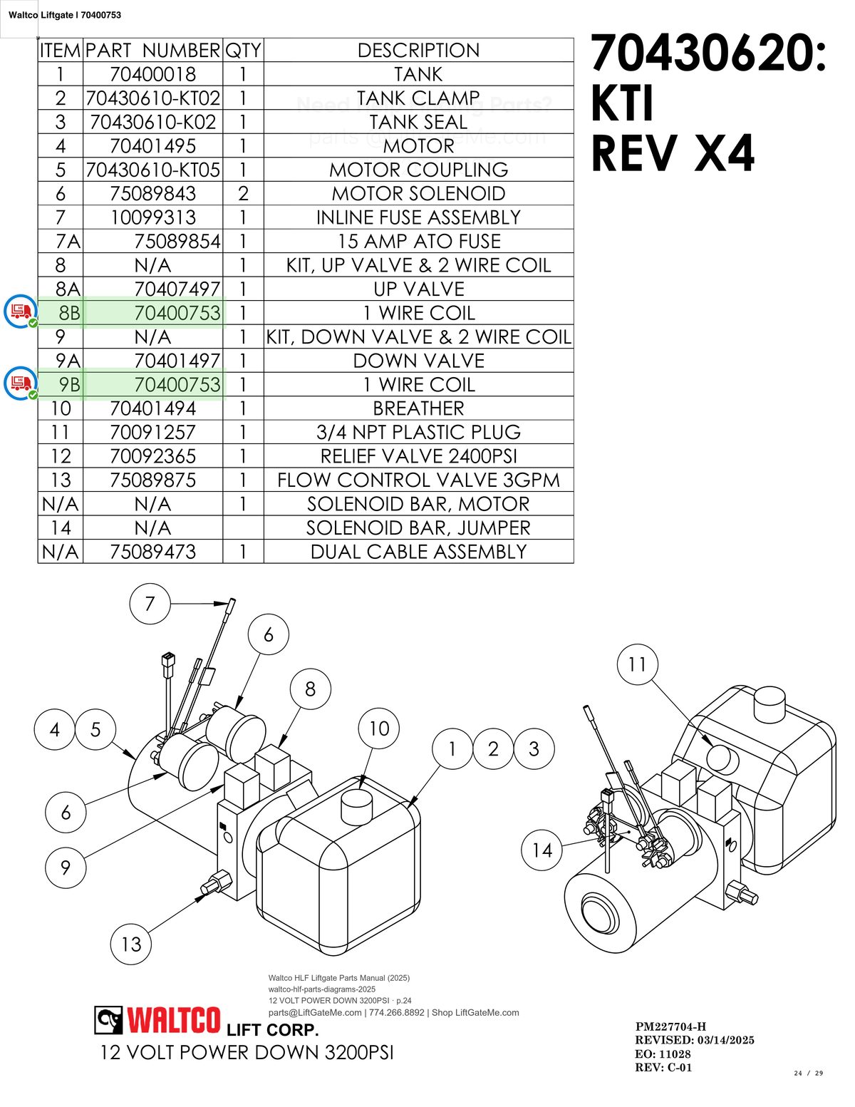 Waltco Liftgate | 70400753 — 12 VOLT POWER DOWN 3200PSI · p.24 (Waltco HLF Parts Manual)