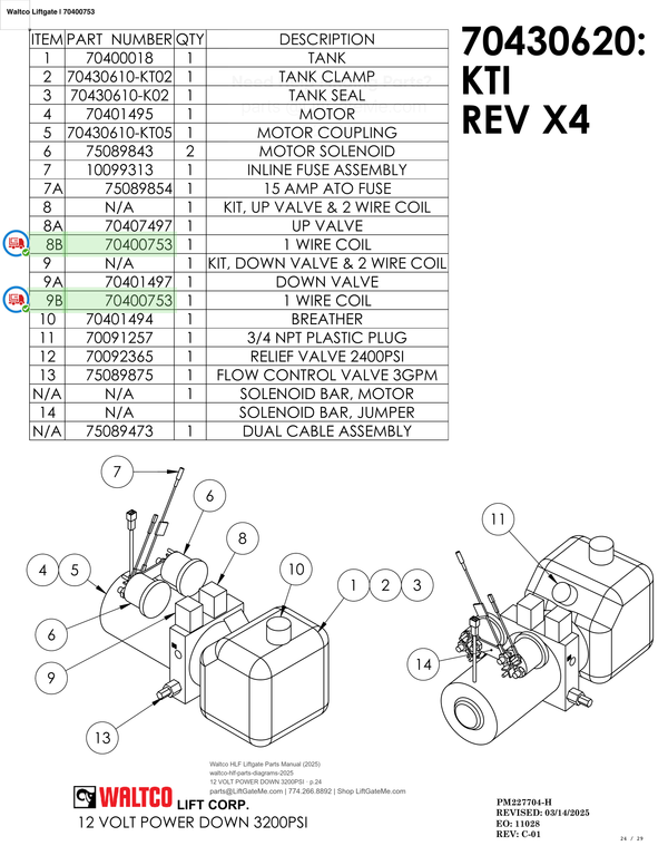 Waltco Liftgate | 70400753 — 12 VOLT POWER DOWN 3200PSI · p.24 (Waltco HLF Parts Manual)