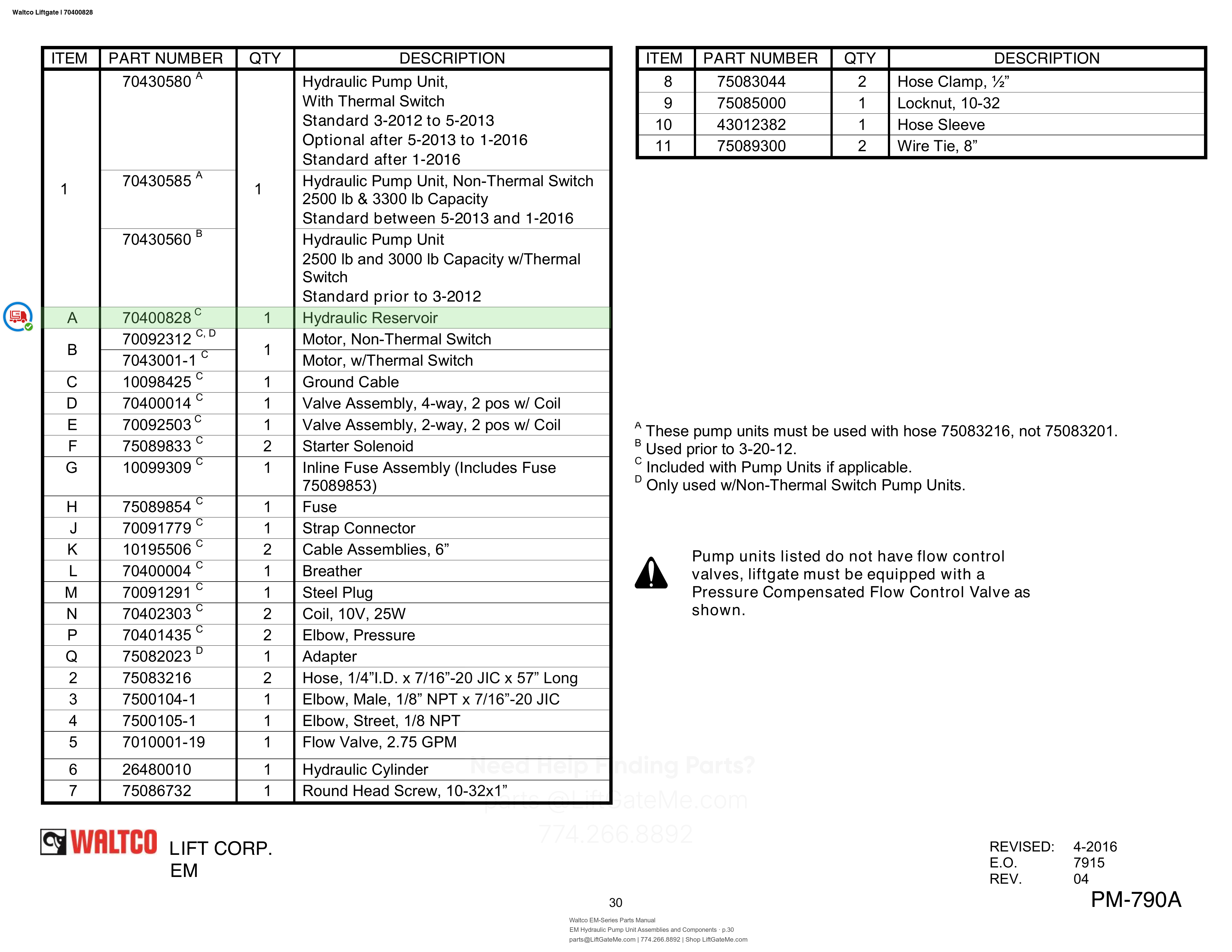 Waltco Liftgate | 70400828 — EM Hydraulic Pump Unit Assemblies and Components · p.30 (Waltco EM-Series Parts Manual)