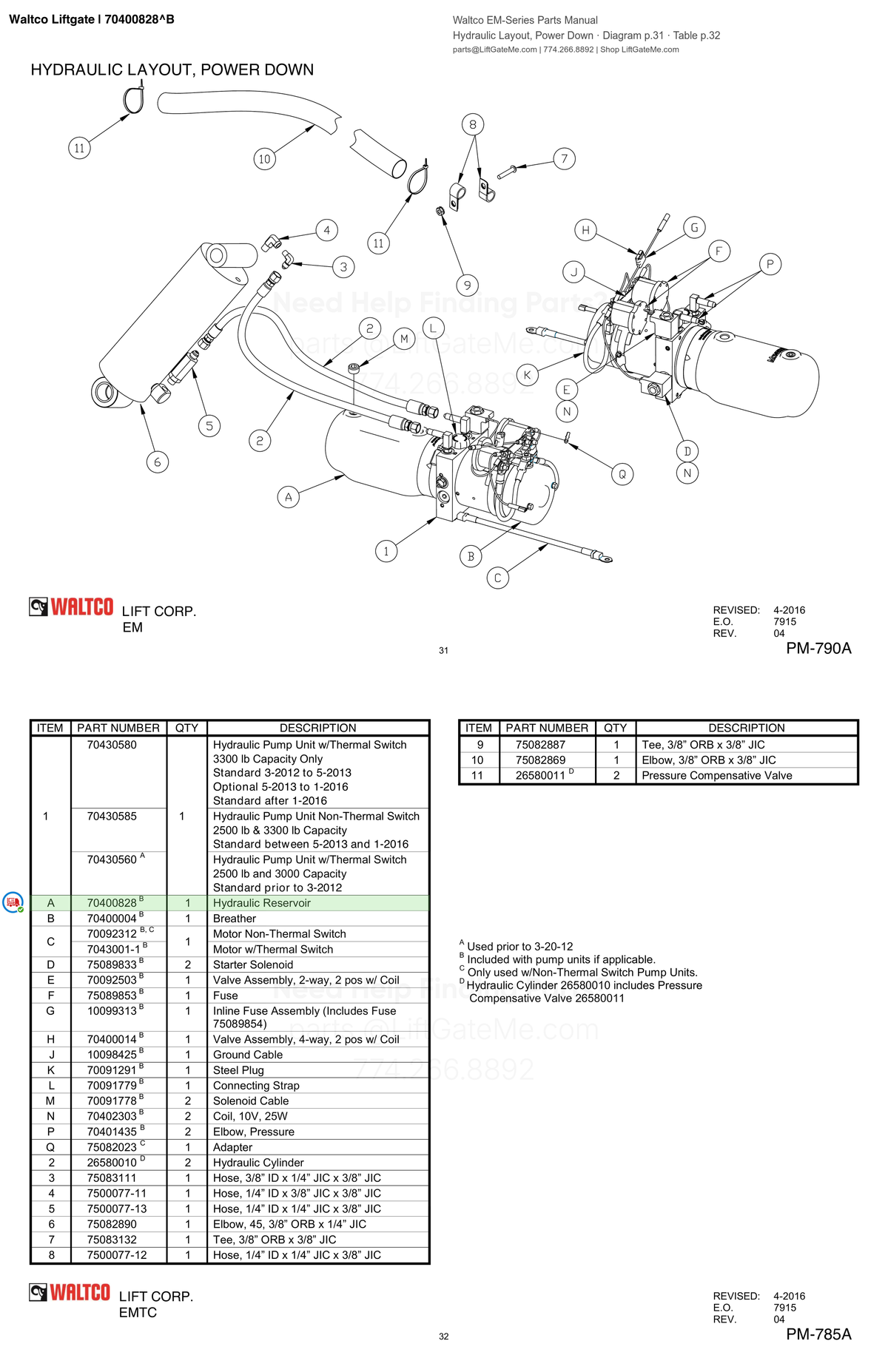 Waltco Liftgate | 70400828 — Hydraulic Layout, Power Down · Diagram p.31 · Table p.32 (Waltco EM-Series Parts Manual)