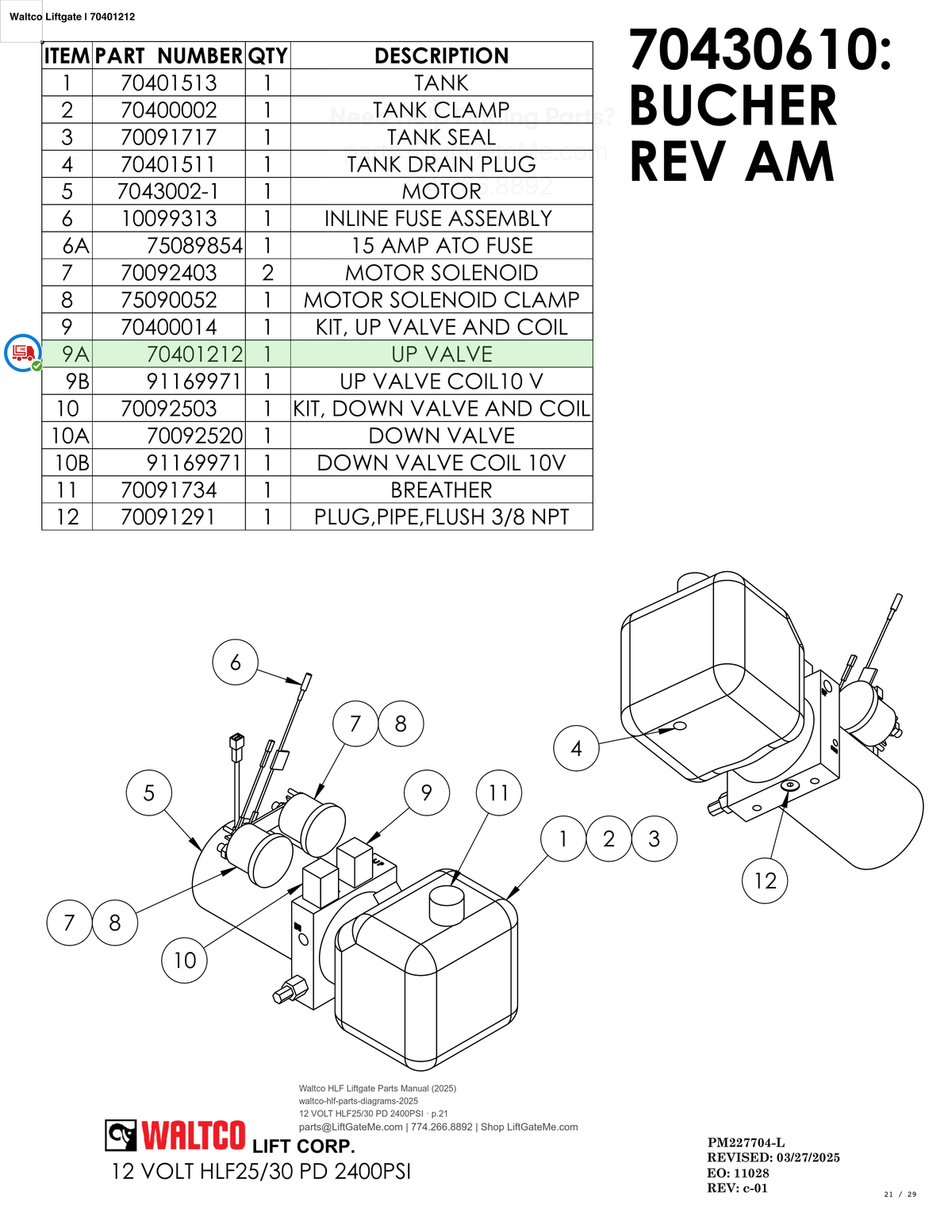 Waltco Liftgate | 70401212 — 12 VOLT HLF25/30 PD 2400PSI · p.21 (Waltco HLF Parts Manual)
