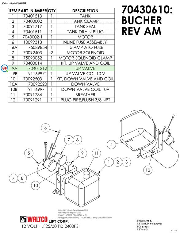 Waltco Liftgate | 70401212 — 12 VOLT HLF25/30 PD 2400PSI · p.21 (Waltco HLF Parts Manual)