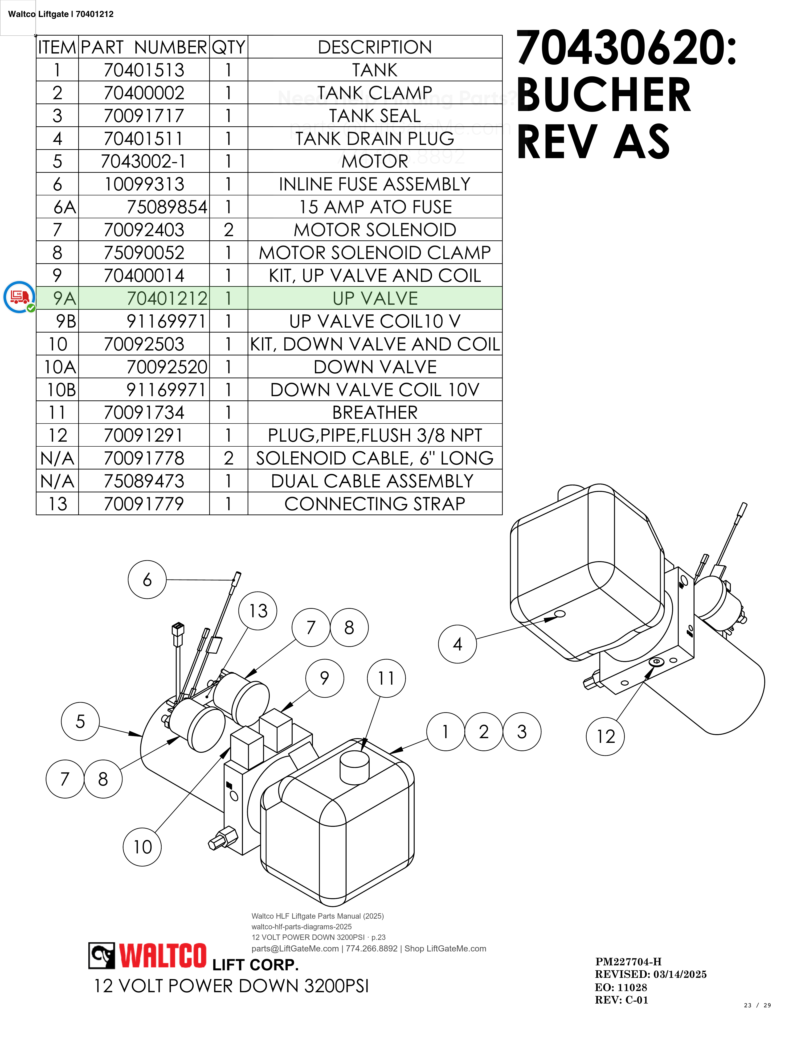 Waltco Liftgate | 70401212 — 12 VOLT POWER DOWN 3200PSI · p.23 (Waltco HLF Parts Manual)