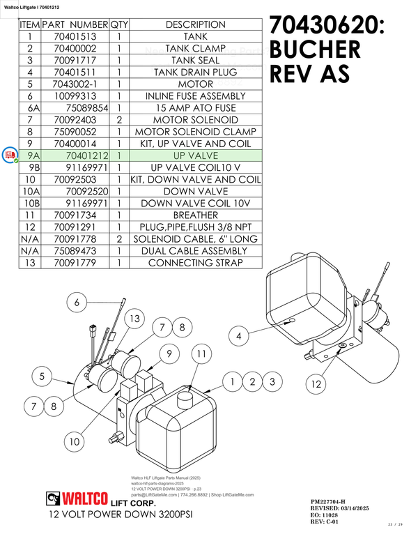 Waltco Liftgate | 70401212 — 12 VOLT POWER DOWN 3200PSI · p.23 (Waltco HLF Parts Manual)