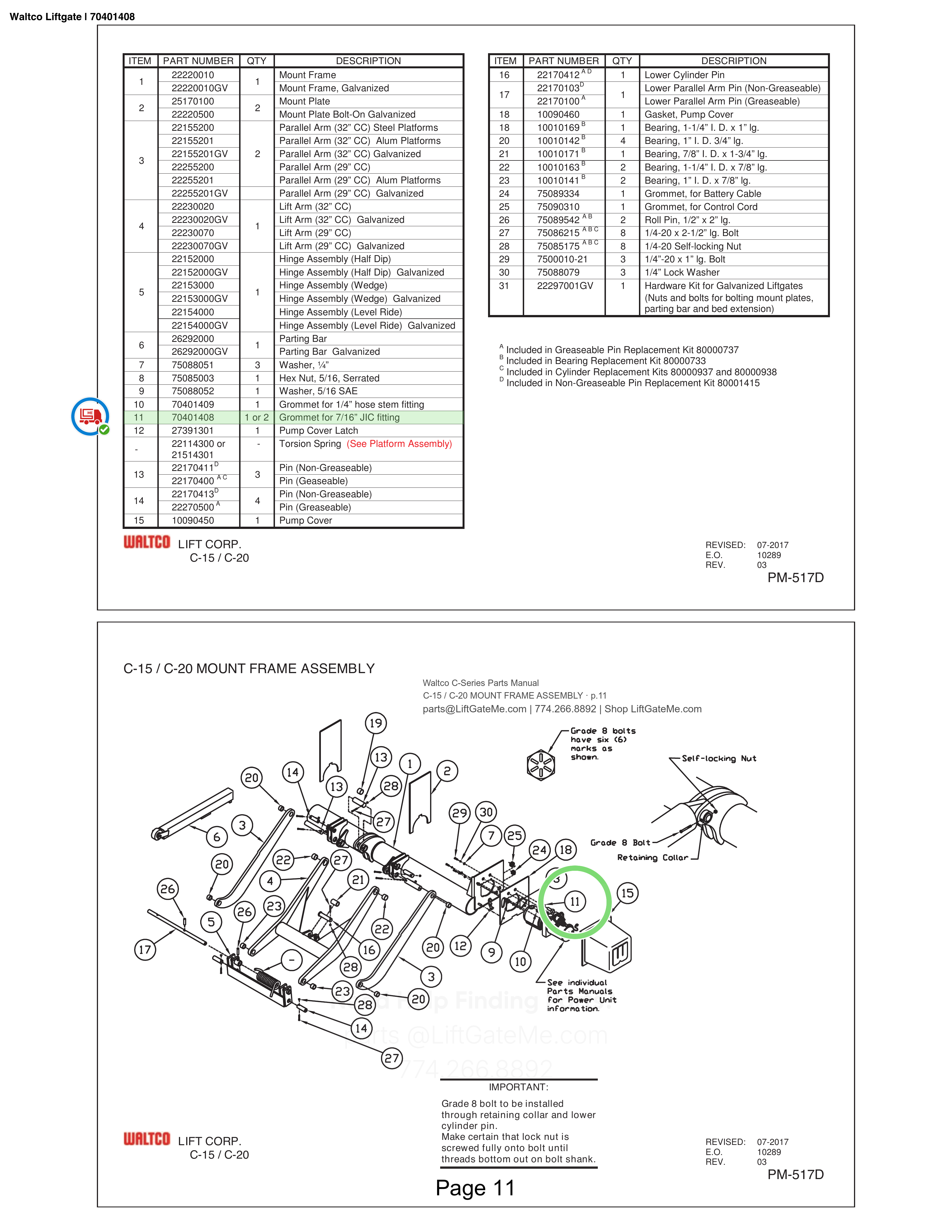 Waltco Liftgate | 70401408 — C-15 / C-20 MOUNT FRAME ASSEMBLY · p.11 (Waltco C-Series Parts Manual)