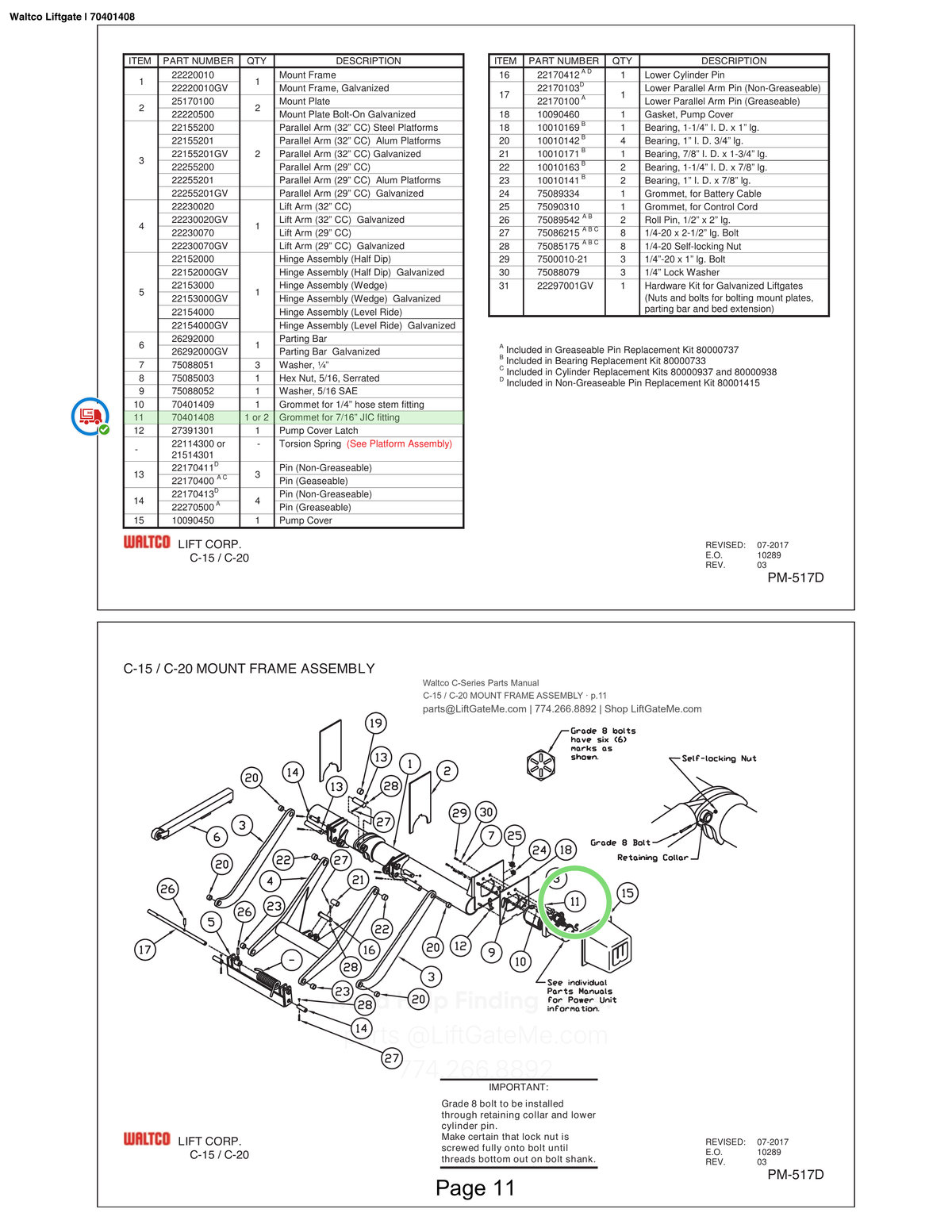 Waltco Liftgate | 70401408 — C-15 / C-20 MOUNT FRAME ASSEMBLY · p.11 (Waltco C-Series Parts Manual)