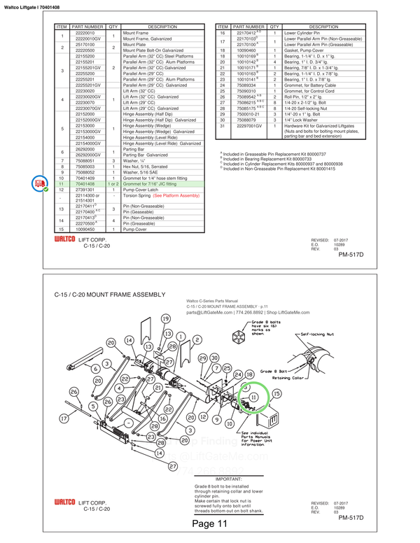 Waltco Liftgate | 70401408 — C-15 / C-20 MOUNT FRAME ASSEMBLY · p.11 (Waltco C-Series Parts Manual)