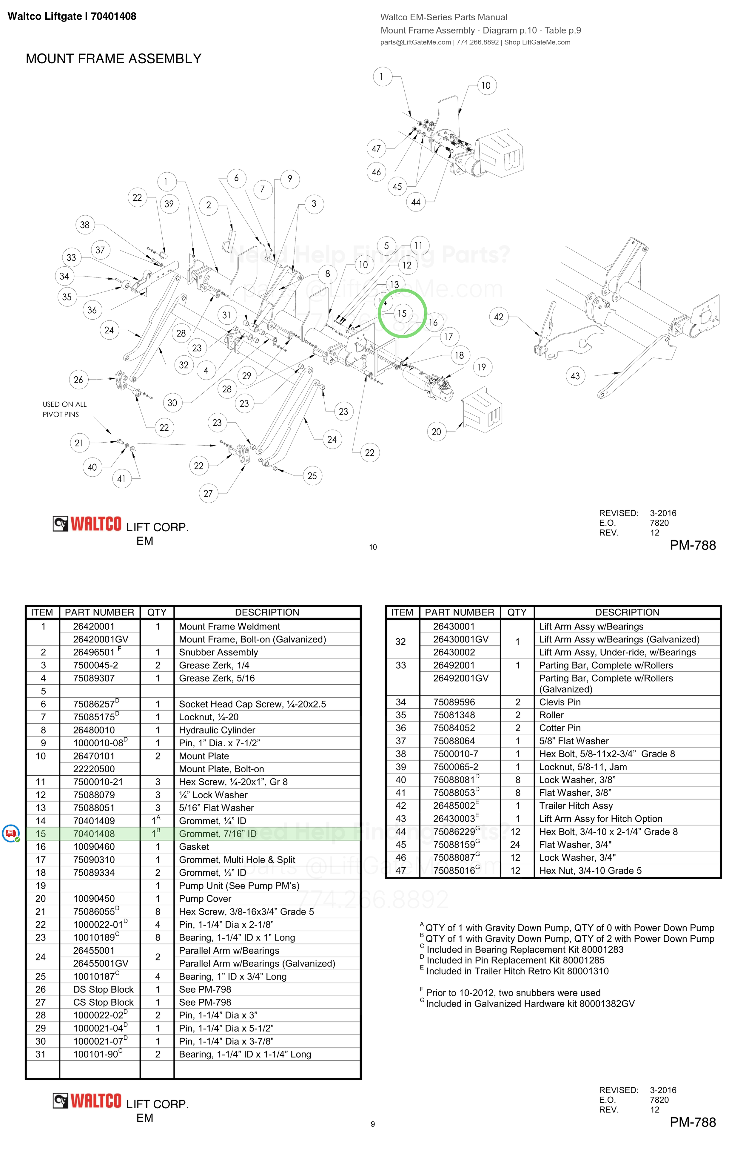 Waltco Liftgate | 70401408 — Mount Frame Assembly · Diagram p.10 · Table p.9 (Waltco EM-Series Parts Manual)