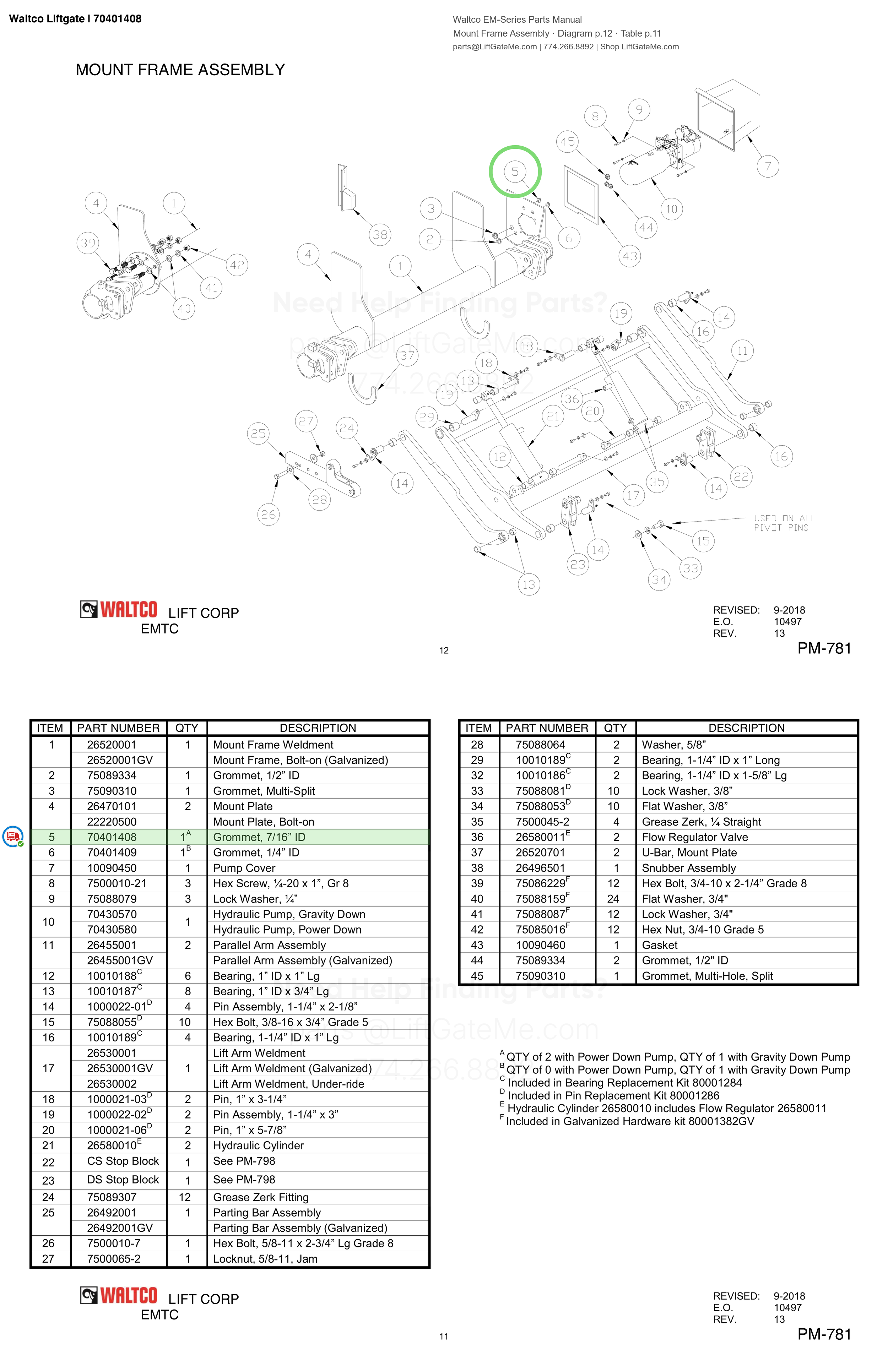 Waltco Liftgate | 70401408 — Mount Frame Assembly · Diagram p.12 · Table p.11 (Waltco EM-Series Parts Manual)