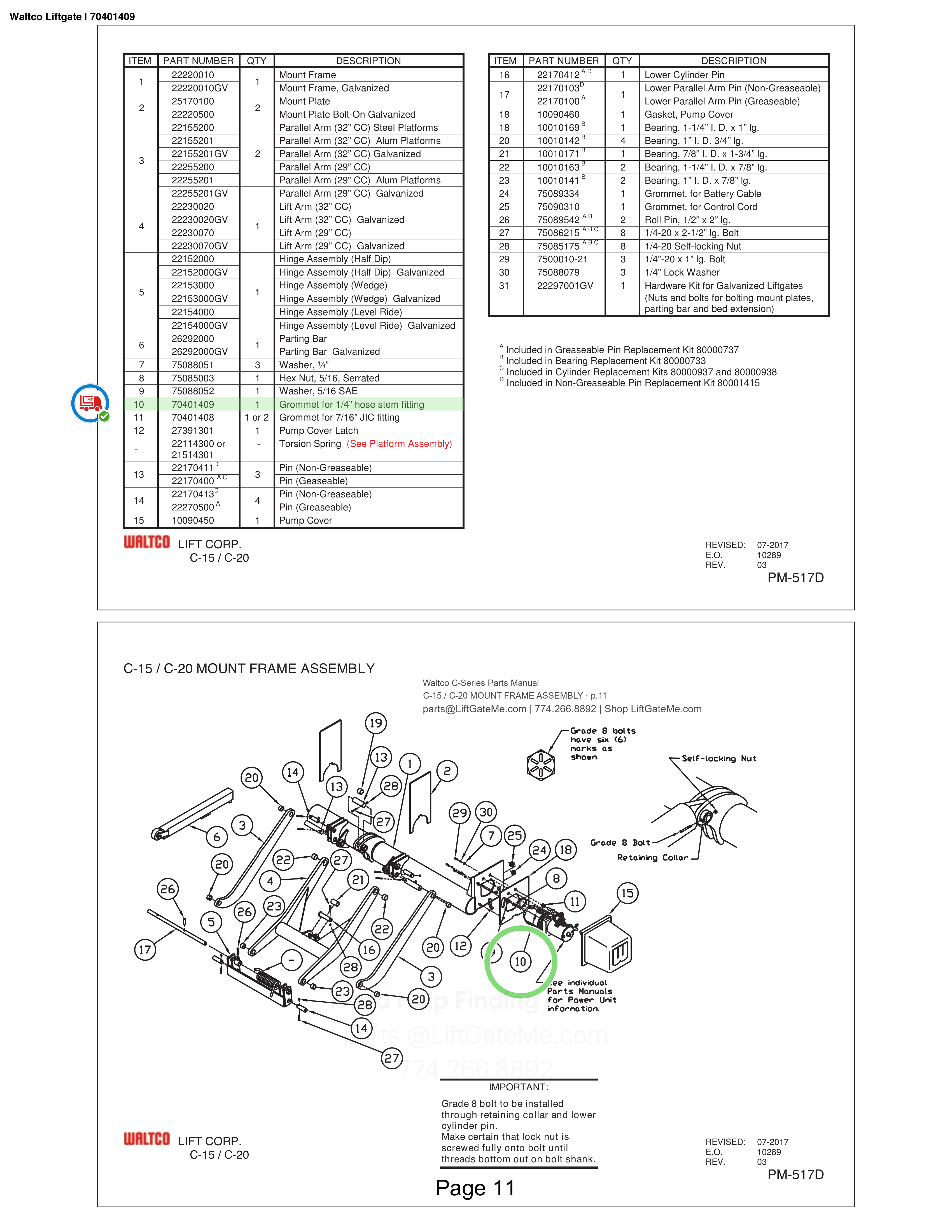 Waltco Liftgate | 70401409 — C-15 / C-20 MOUNT FRAME ASSEMBLY · p.11 (Waltco C-Series Parts Manual)