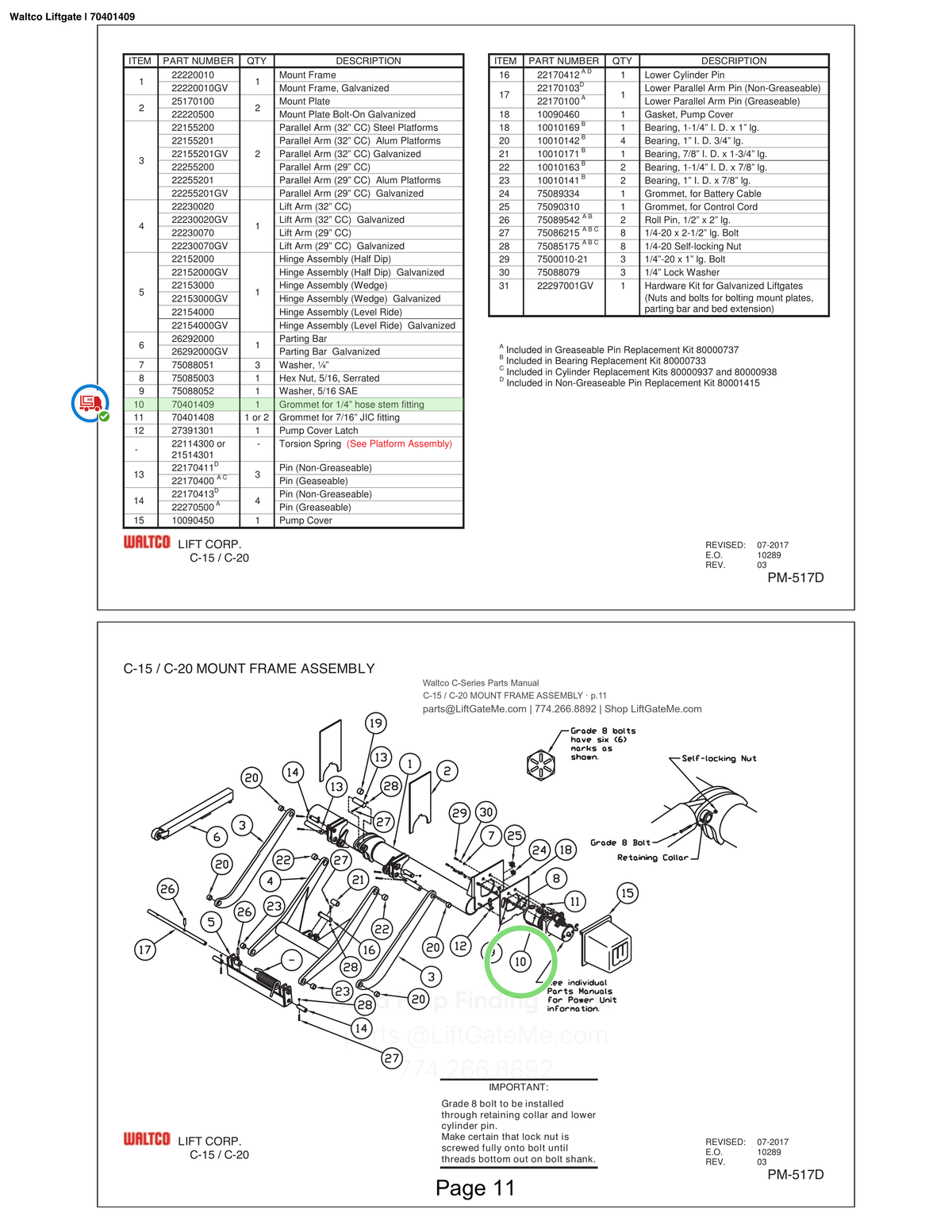 Waltco Liftgate | 70401409 — C-15 / C-20 MOUNT FRAME ASSEMBLY · p.11 (Waltco C-Series Parts Manual)