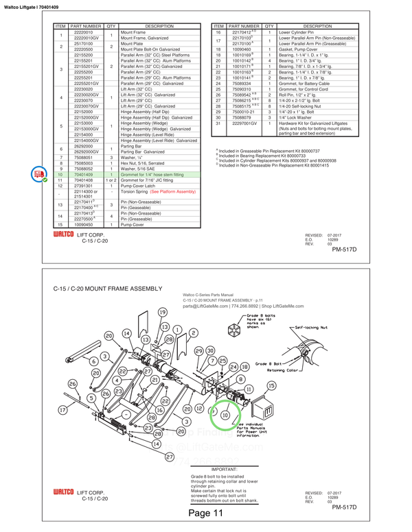 Waltco Liftgate | 70401409 — C-15 / C-20 MOUNT FRAME ASSEMBLY · p.11 (Waltco C-Series Parts Manual)