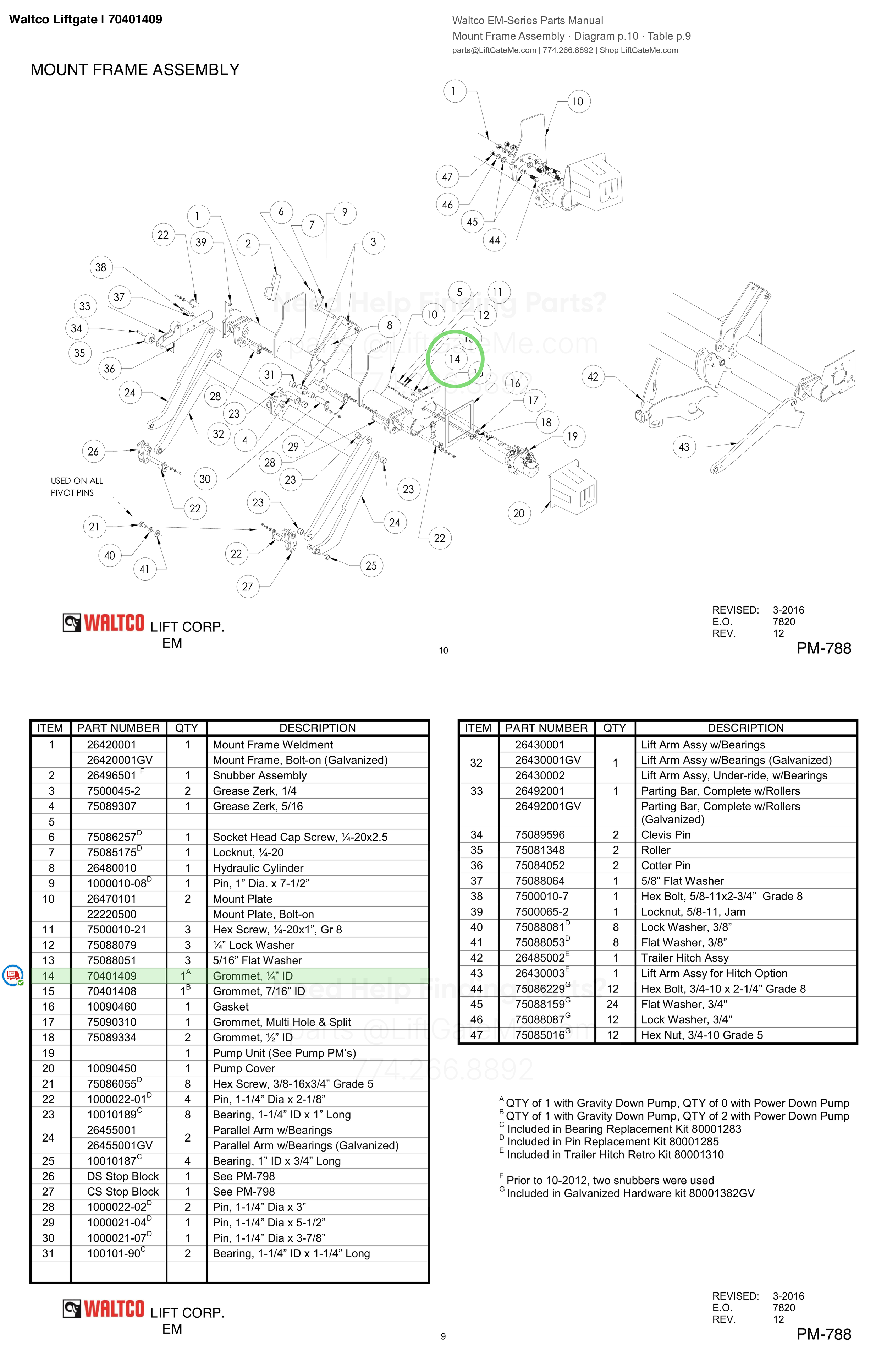Waltco Liftgate | 70401409 — Mount Frame Assembly · Diagram p.10 · Table p.9 (Waltco EM-Series Parts Manual)