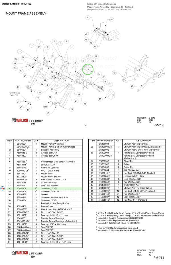 Waltco Liftgate | 70401409 — Mount Frame Assembly · Diagram p.10 · Table p.9 (Waltco EM-Series Parts Manual)