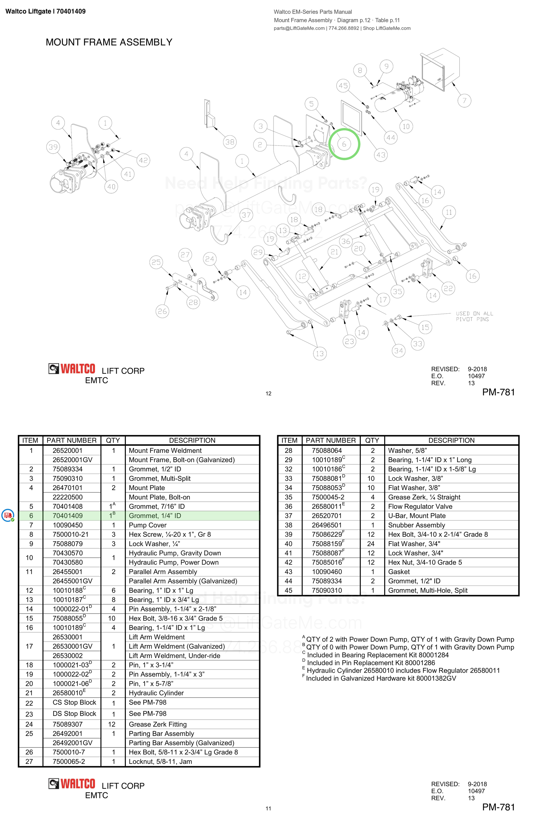 Waltco Liftgate | 70401409 — Mount Frame Assembly · Diagram p.12 · Table p.11 (Waltco EM-Series Parts Manual)