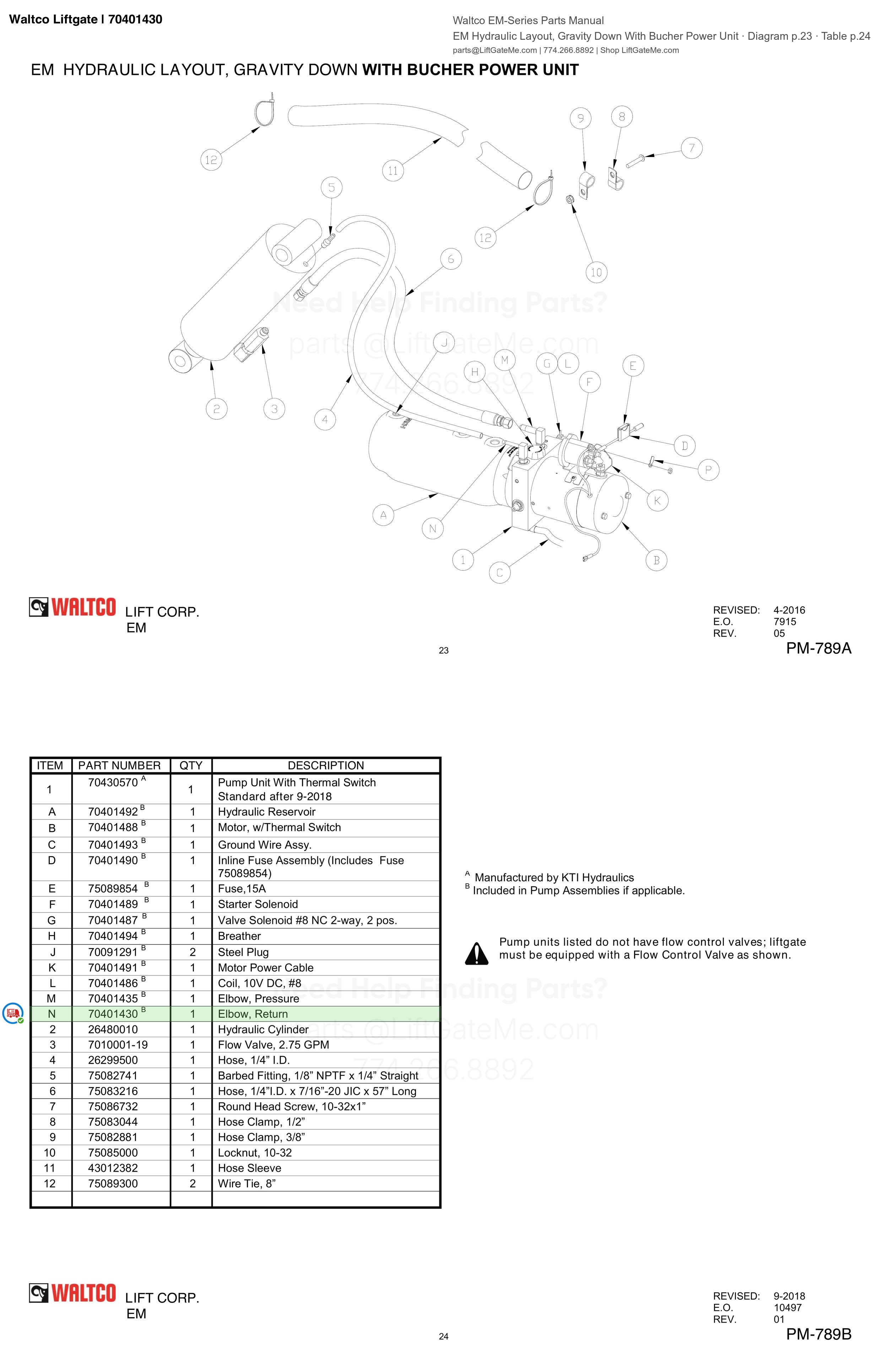 Waltco Liftgate | 70401430 — EM Hydraulic Layout, Gravity Down With Bucher Power Unit · Diagram p.23 · Table p.24 (Waltco EM-Series Parts Manual)