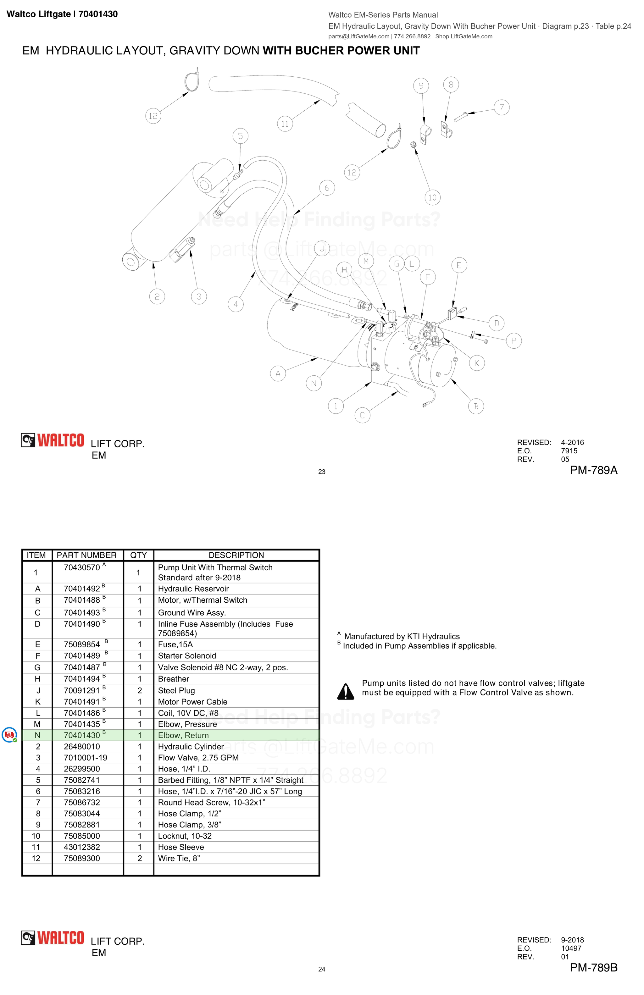 Waltco Liftgate | 70401430 — EM Hydraulic Layout, Gravity Down With Bucher Power Unit · Diagram p.23 · Table p.24 (Waltco EM-Series Parts Manual)