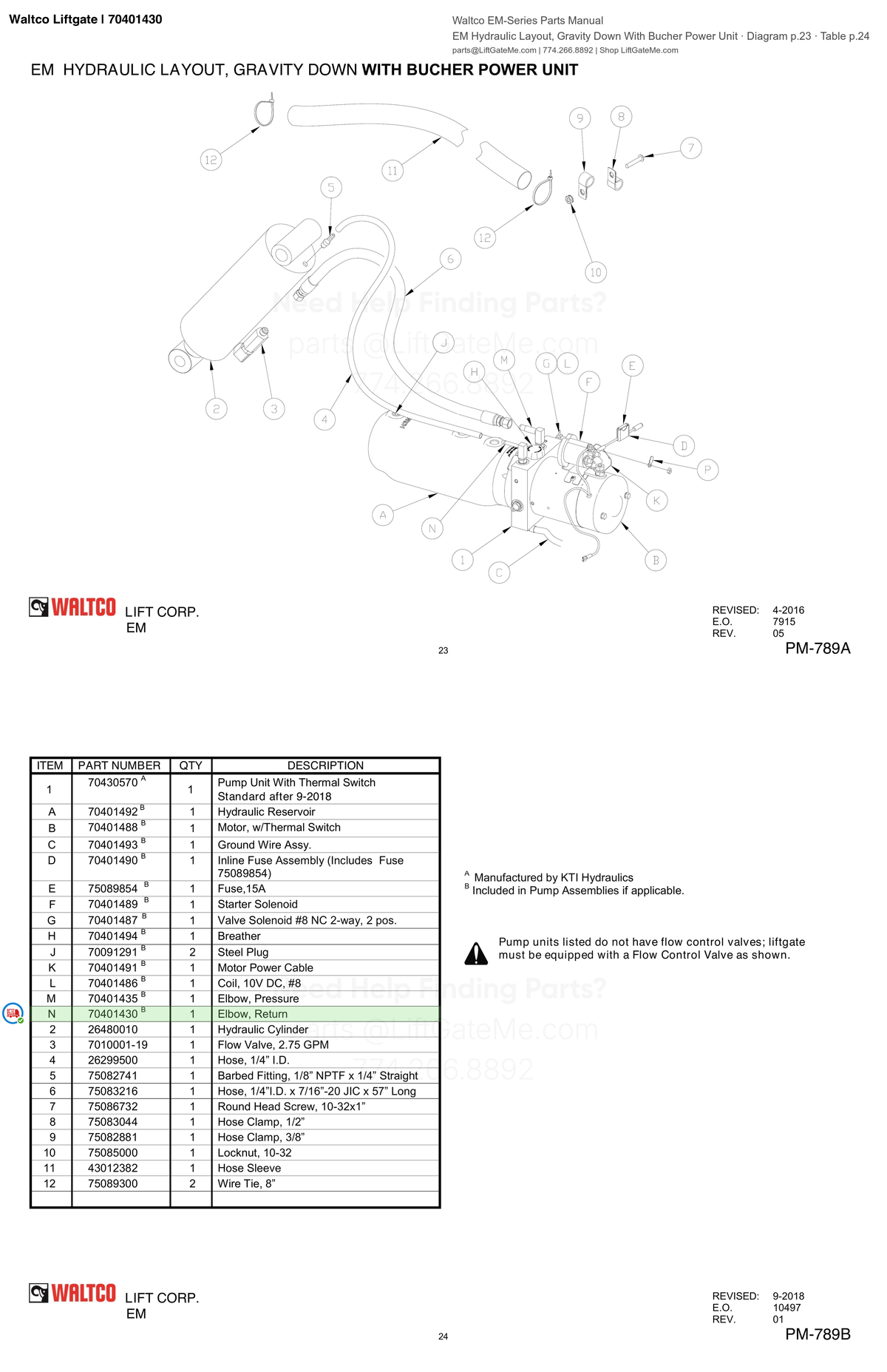 Waltco Liftgate | 70401430 — EM Hydraulic Layout, Gravity Down With Bucher Power Unit · Diagram p.23 · Table p.24 (Waltco EM-Series Parts Manual)